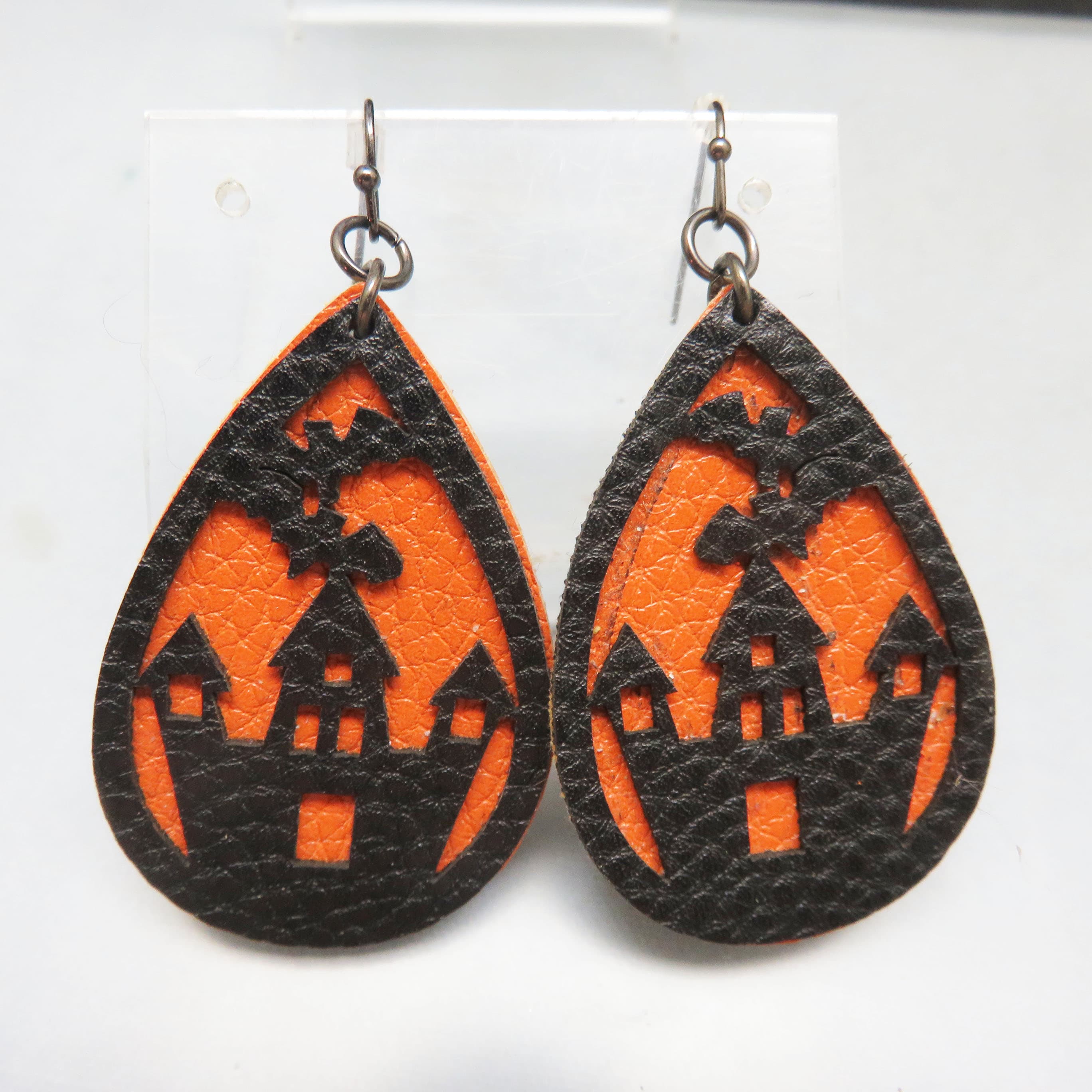 Handcrafted Leather Haunted House Earrings | Halloween Teardrop Dangle Earrings | Orange & Black Spooky Statement Jewelry
