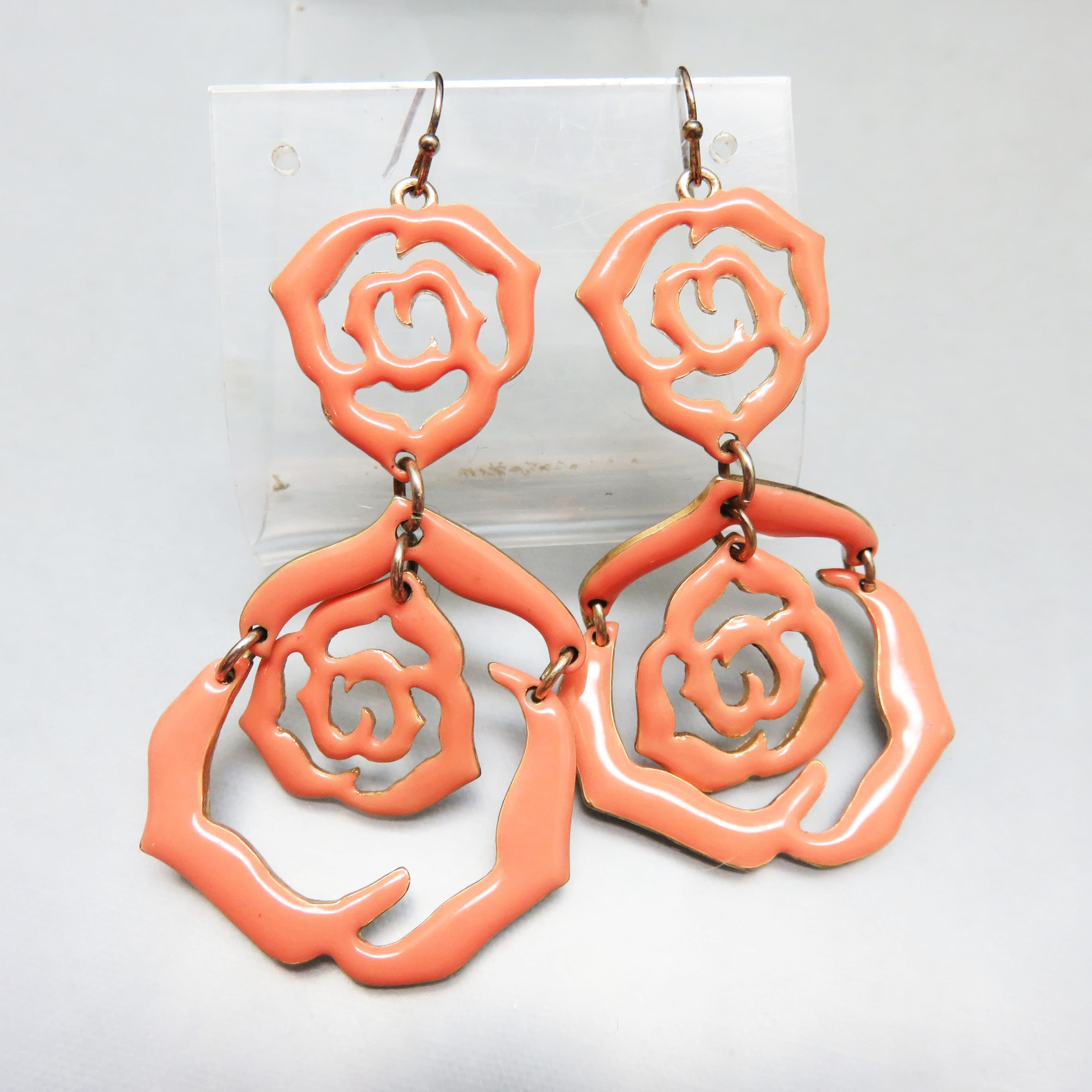 Peach Enamel Rose Statement Earrings | Oversized Floral Dangle Earrings | Vintage-Inspired French Hook Jewelry