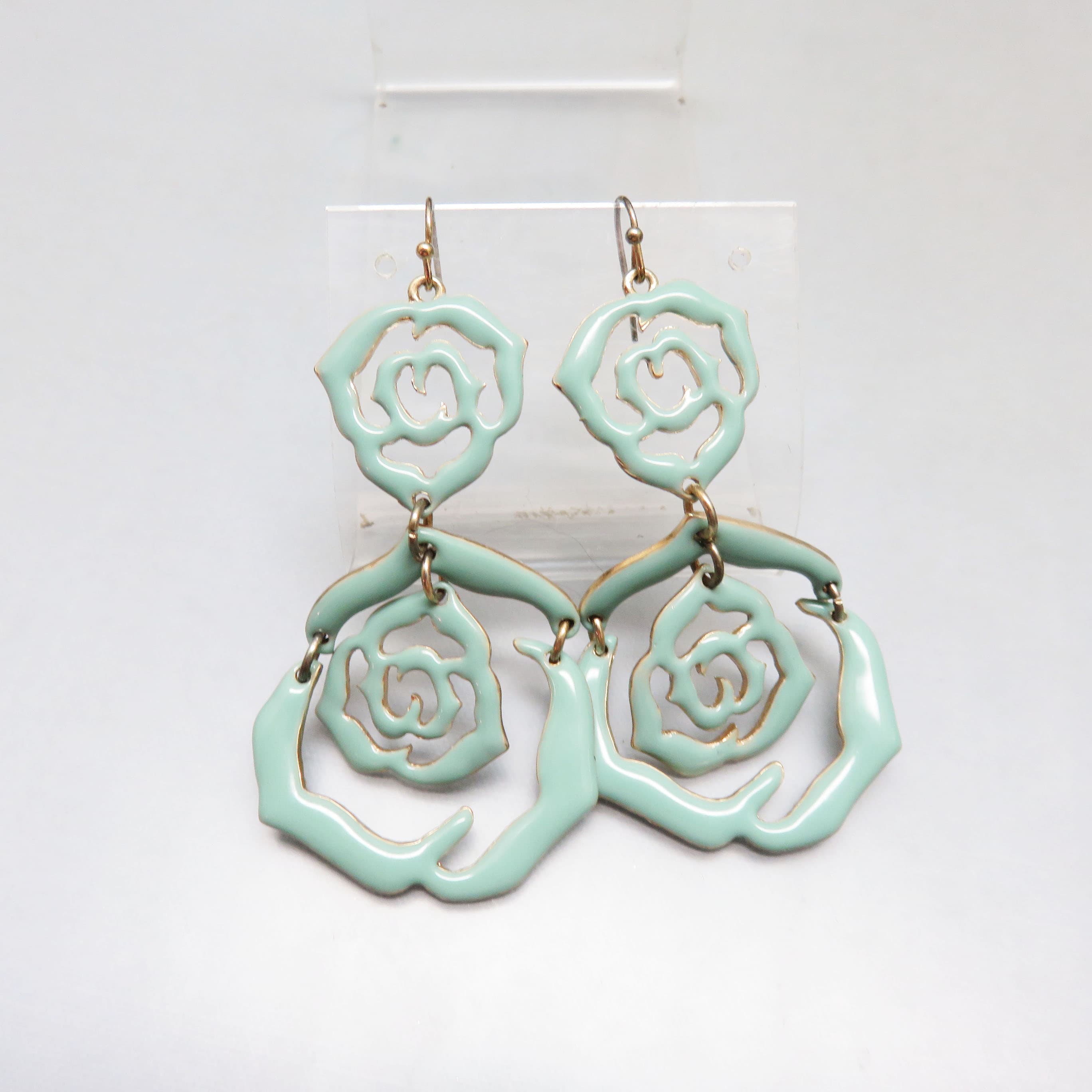 Spring Green Enamel Rose Statement Earrings | Oversized Floral Dangle Earrings | Vintage-Inspired French Hook Jewelry