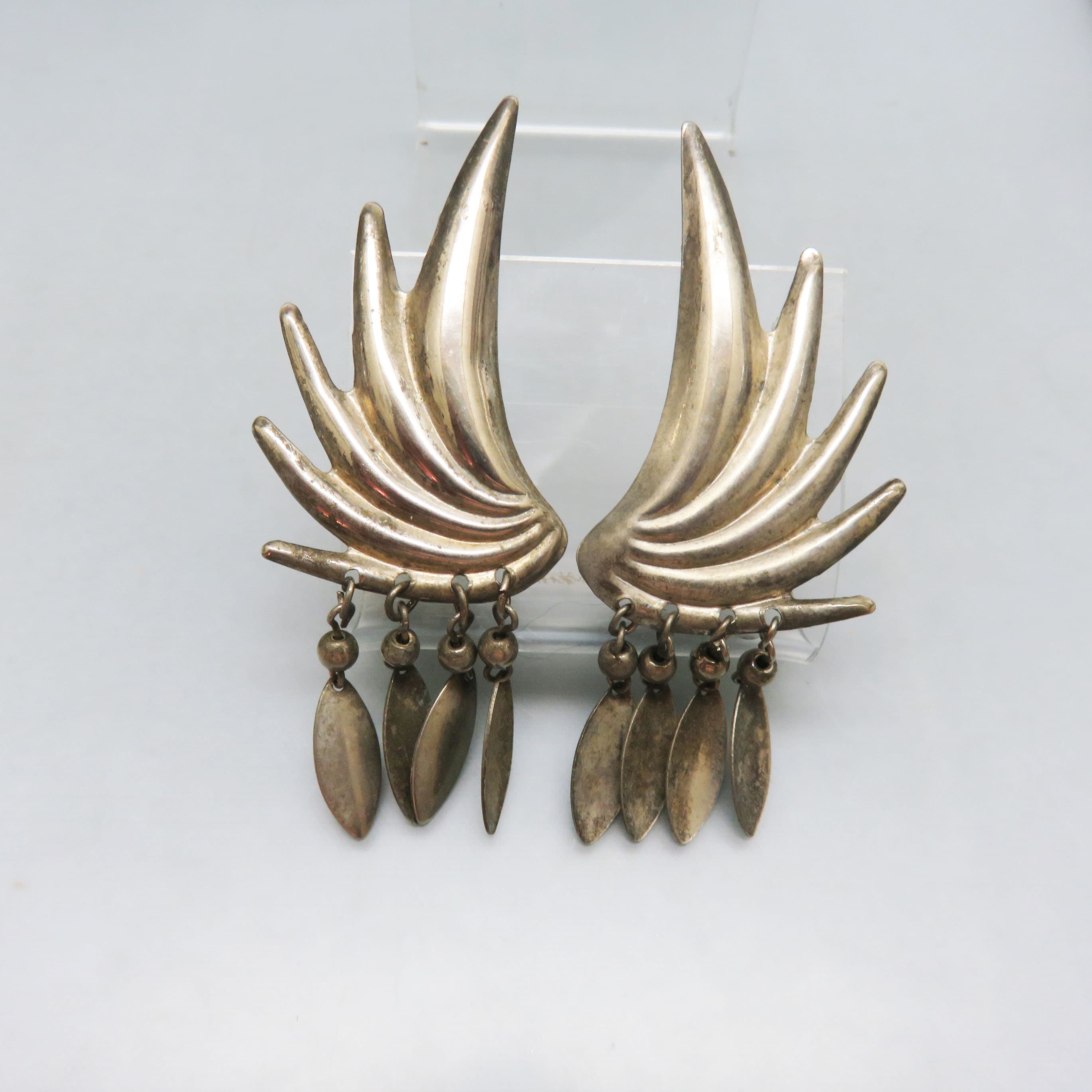 1970s Modernist Industrial Statement Earrings | Sculptural Silver-Tone Dangle Earrings | Oversized Brutalist Post Earrings