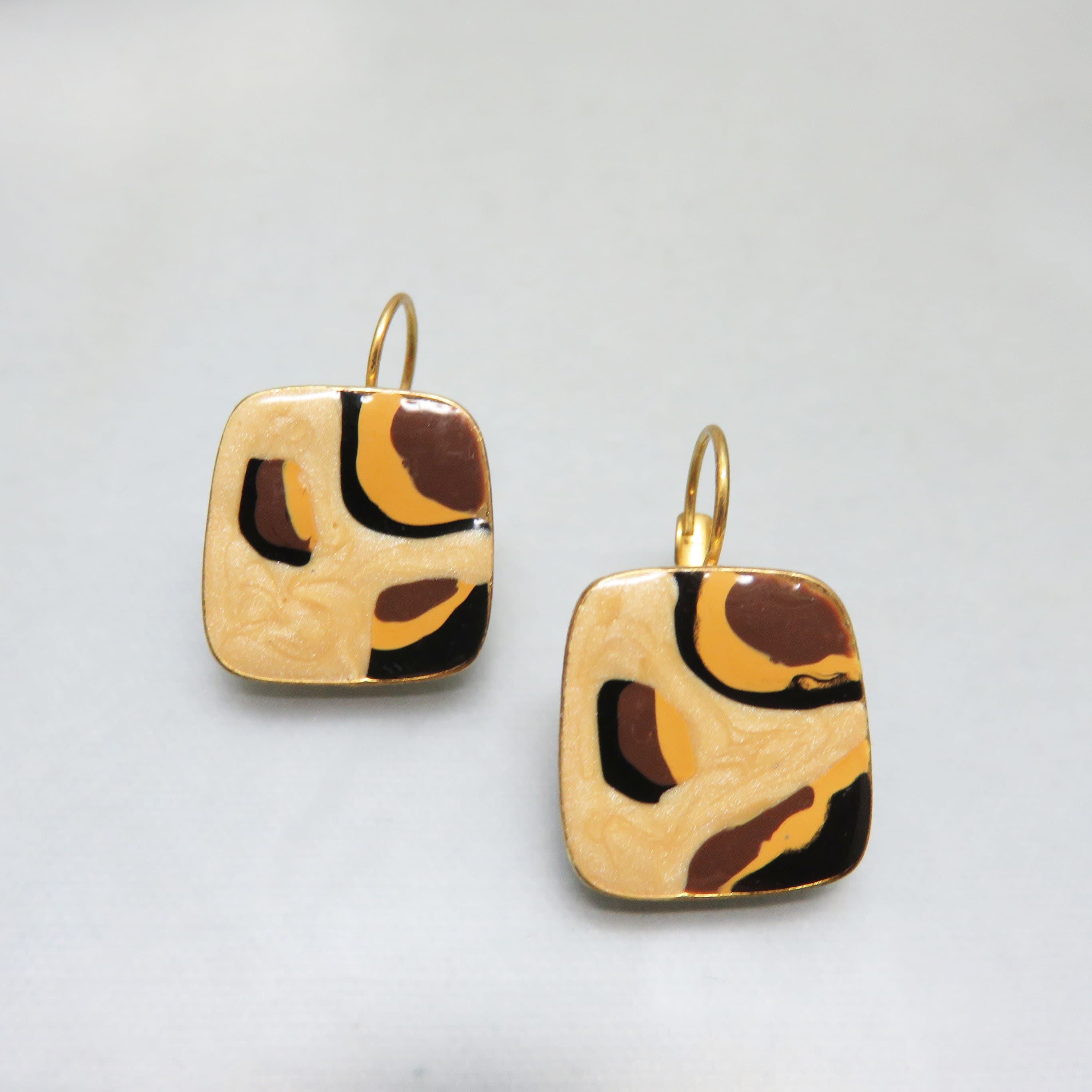 Vintage Abstract Enamel Clip-On Earrings | Gold Tone Animal Print Statement Earrings | Cream, Amber & Espresso Geometric Jewelry