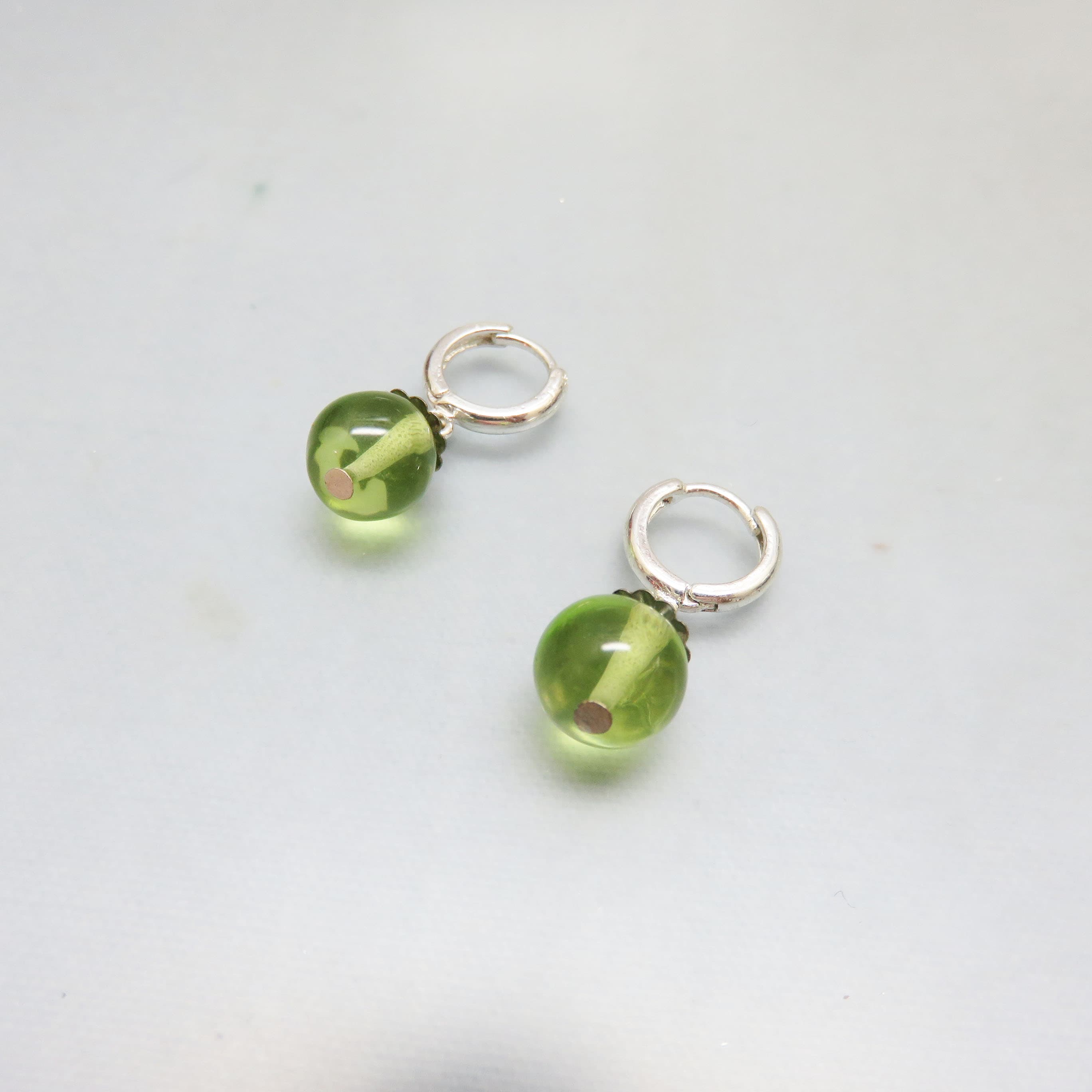 Petite Silver-Plated Green Glass Drop Earrings | Minimalist Huggie Hoops | Modern Vintage Dangle Earrings