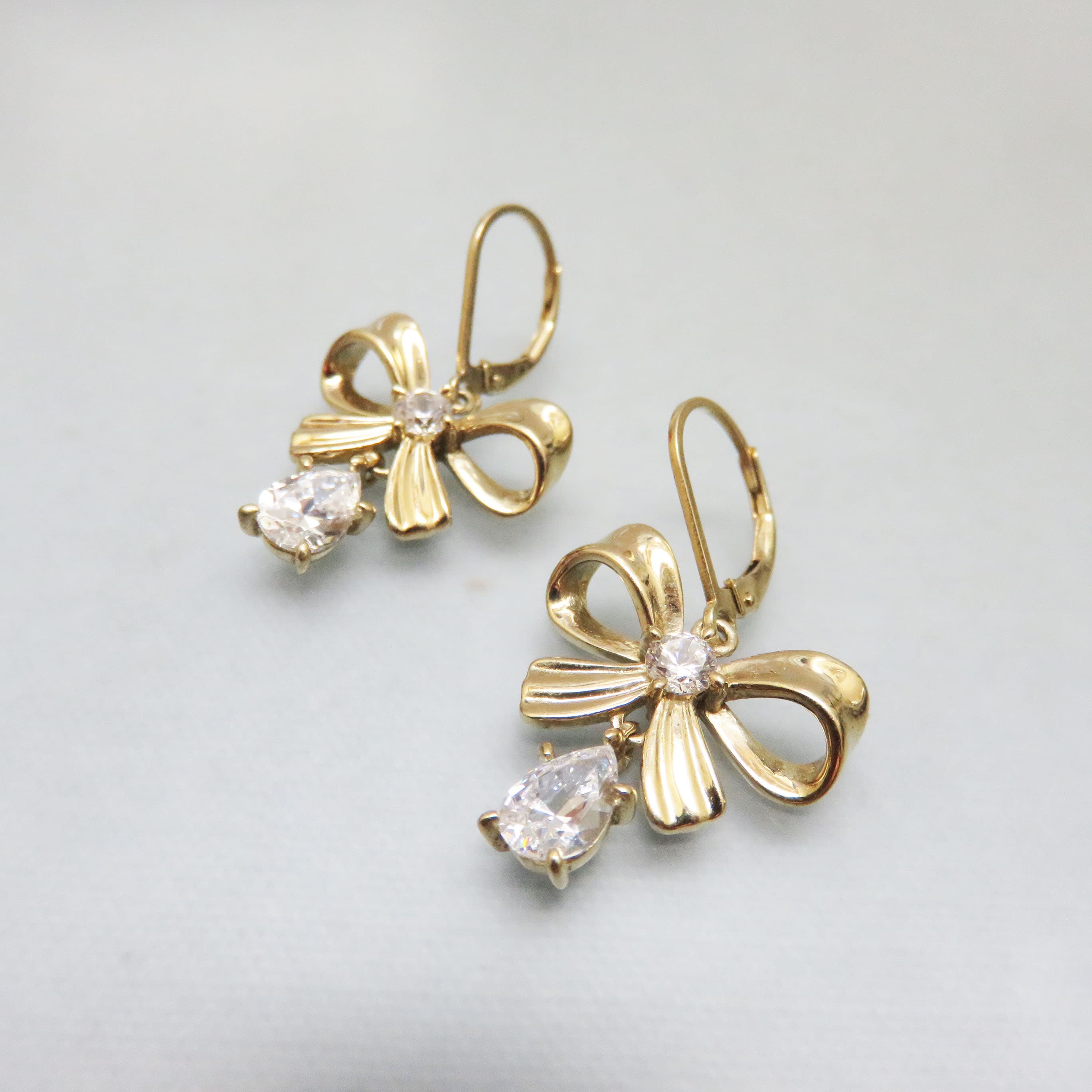 Gold Vermeil Bow Drop Earrings with Cubic Zirconia | Sterling Silver 925 Leverback Earrings | Romantic Ribbon Dangles