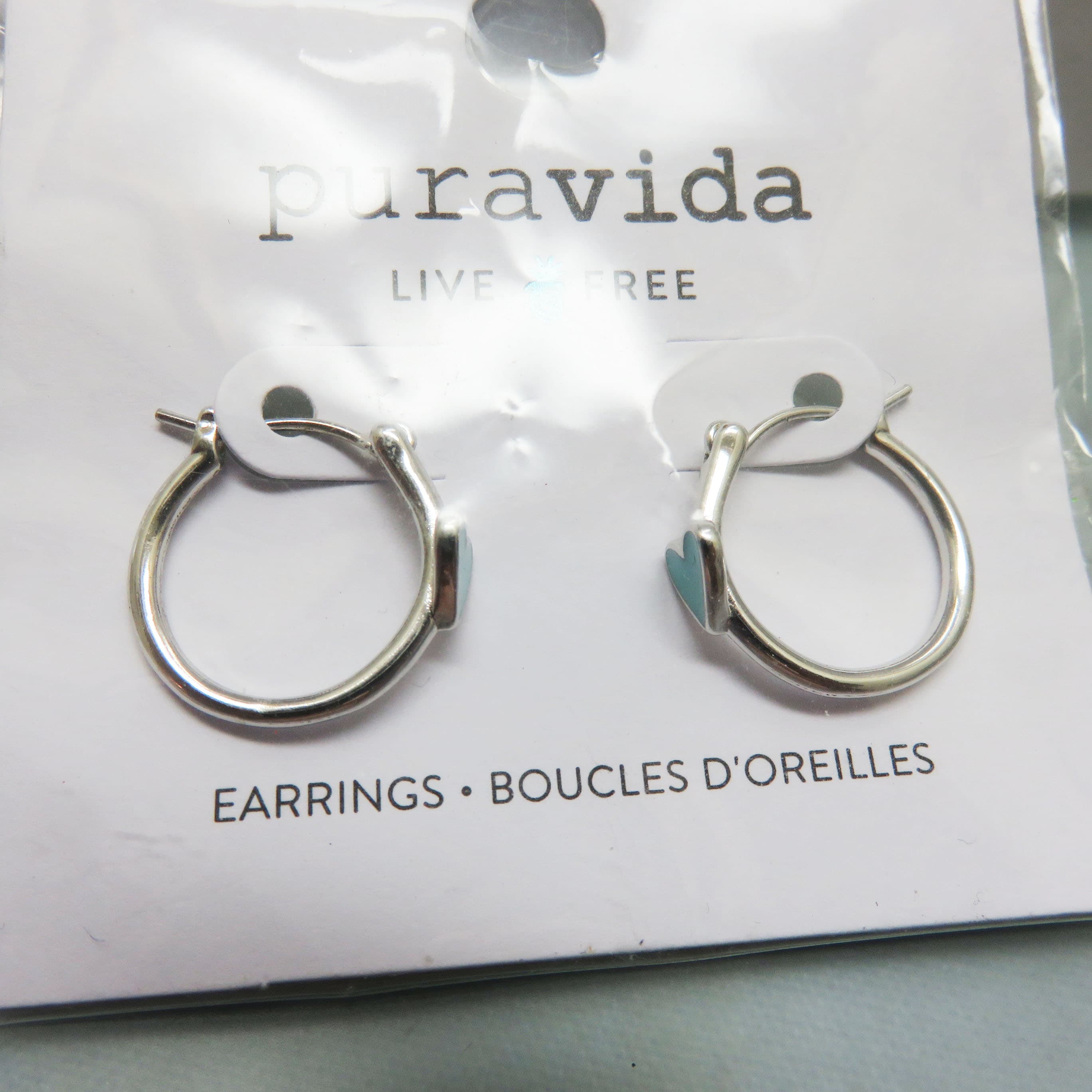 Puravida Blue Heart Hoop Earrings | Rhodium-Plated Huggie Hoops with Sterling Silver Posts | NWT Coastal Jewelry