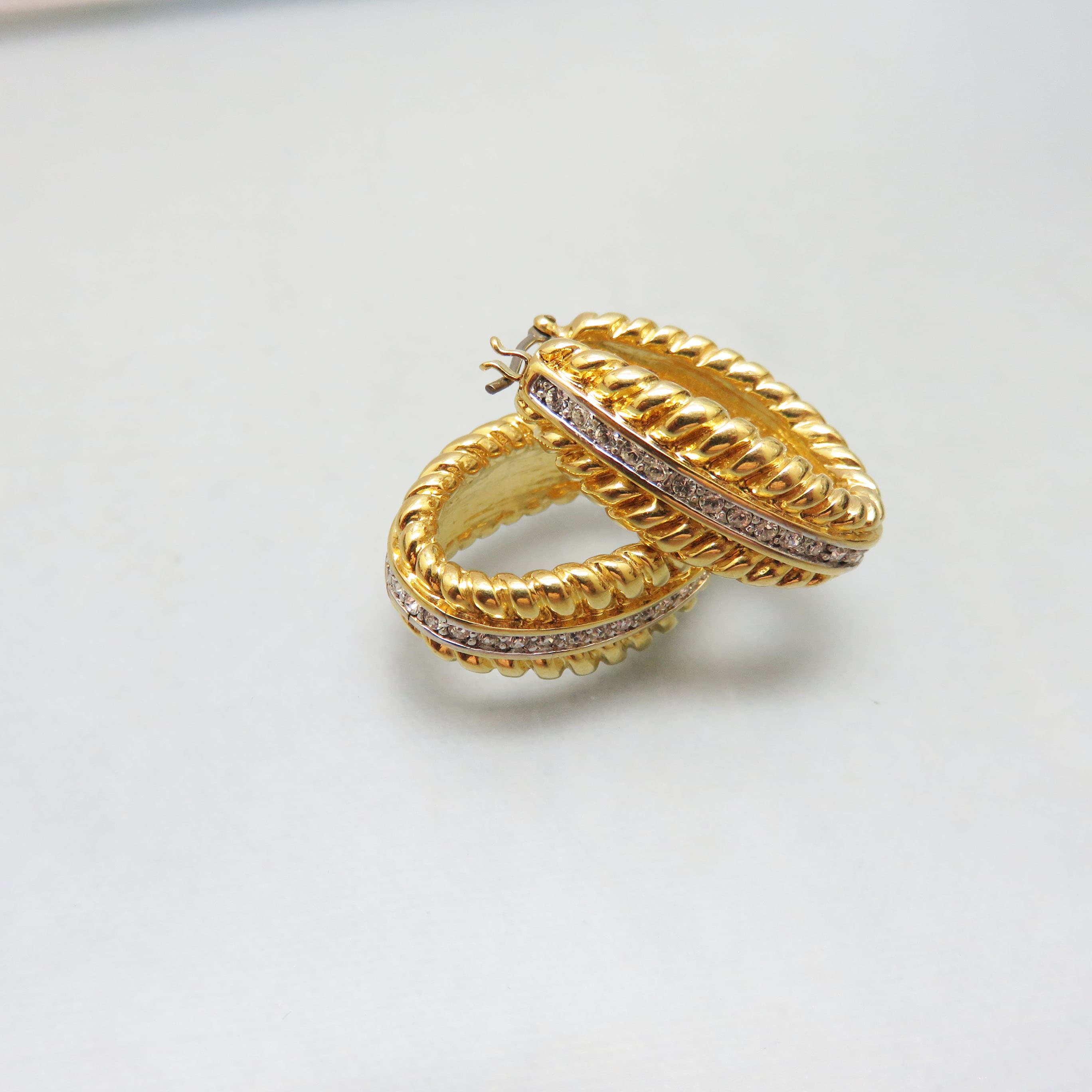 Nolan Miller Gold-Plated CZ Oval Hoop Earrings | Designer Twisted Hoops | Vintage Thailand Statement Earrings
