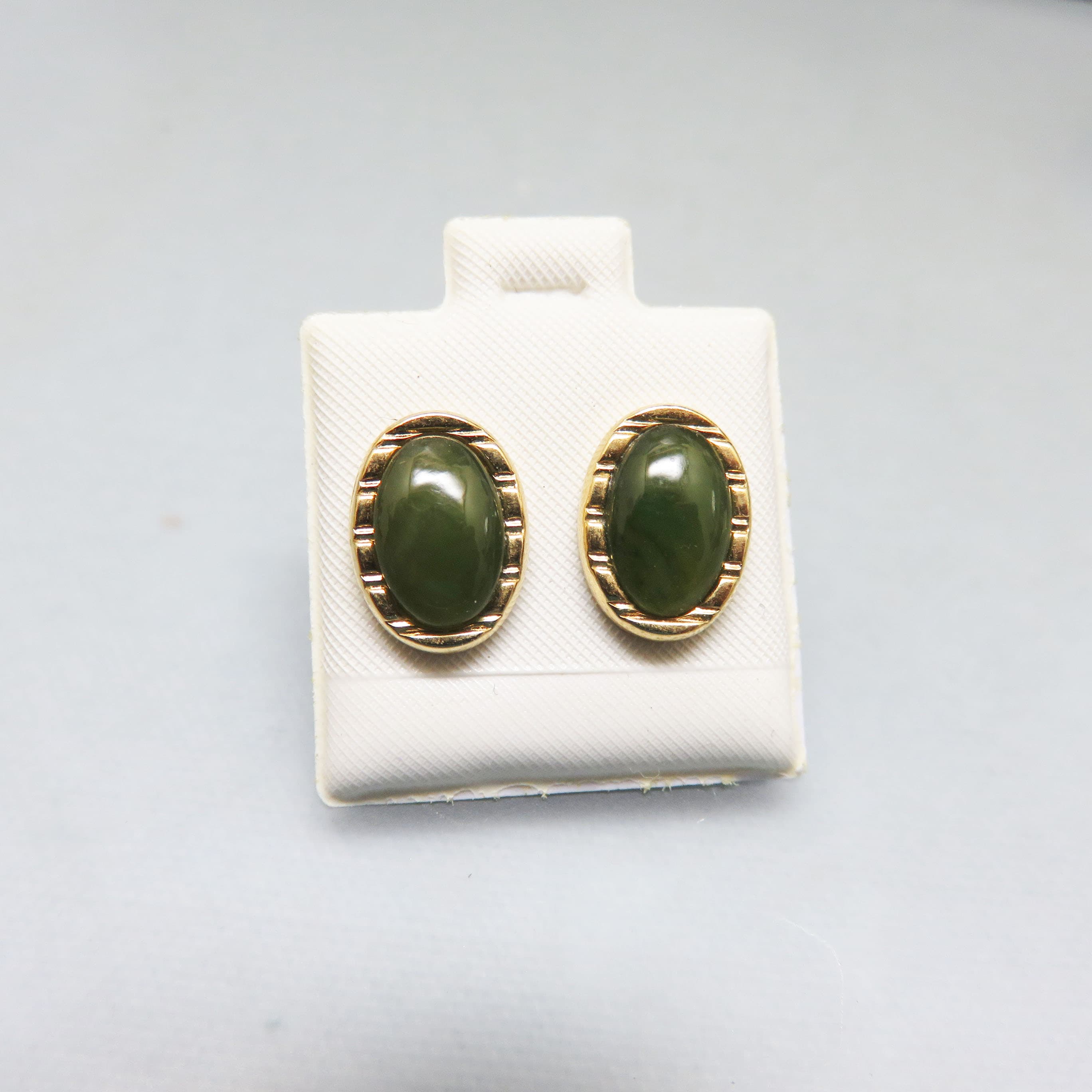 Natural Jadeite Cabochon Stud Earrings | Gold Tone Oval Jade Earrings | Classic Vintage Green Jade Jewelry