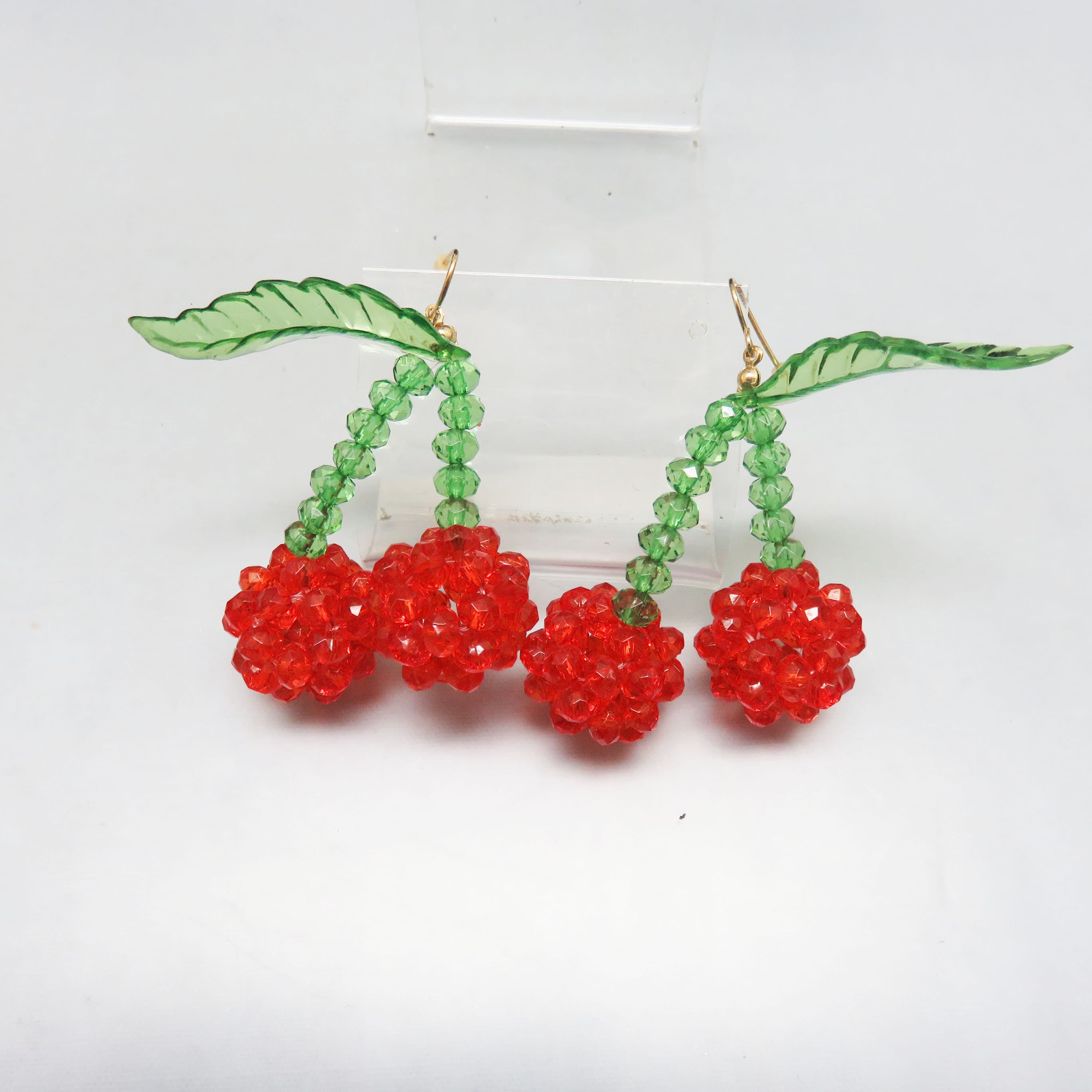 Vintage Hand-Beaded Cherry Drop Earrings | Artisan Crystal Cherry Earrings with Lucite Leaves | Whimsical Statement Jewelry