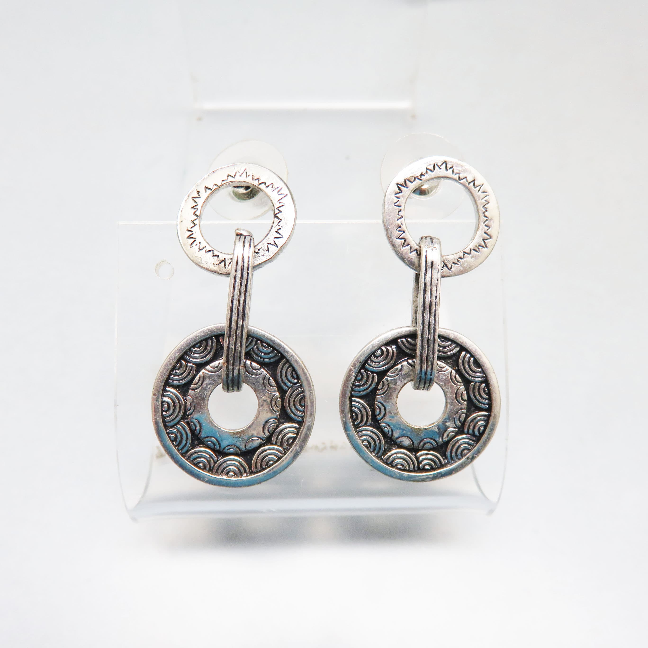 Vintage Silvertone Geometric Drop Earrings | Textured Open Circle Statement Earrings | Modern Artisan Style Jewelry