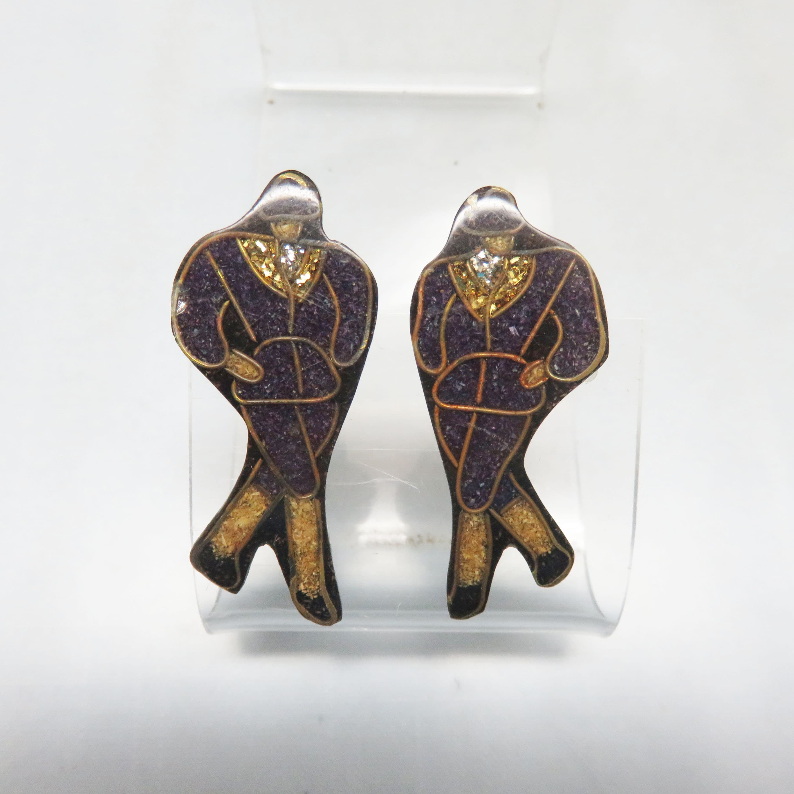 Vintage Artisan Mixed Media Abstract Figure Earrings | Handcrafted Resin & Metallic Inlay Statement Earrings | 1980s Studio Jewelry