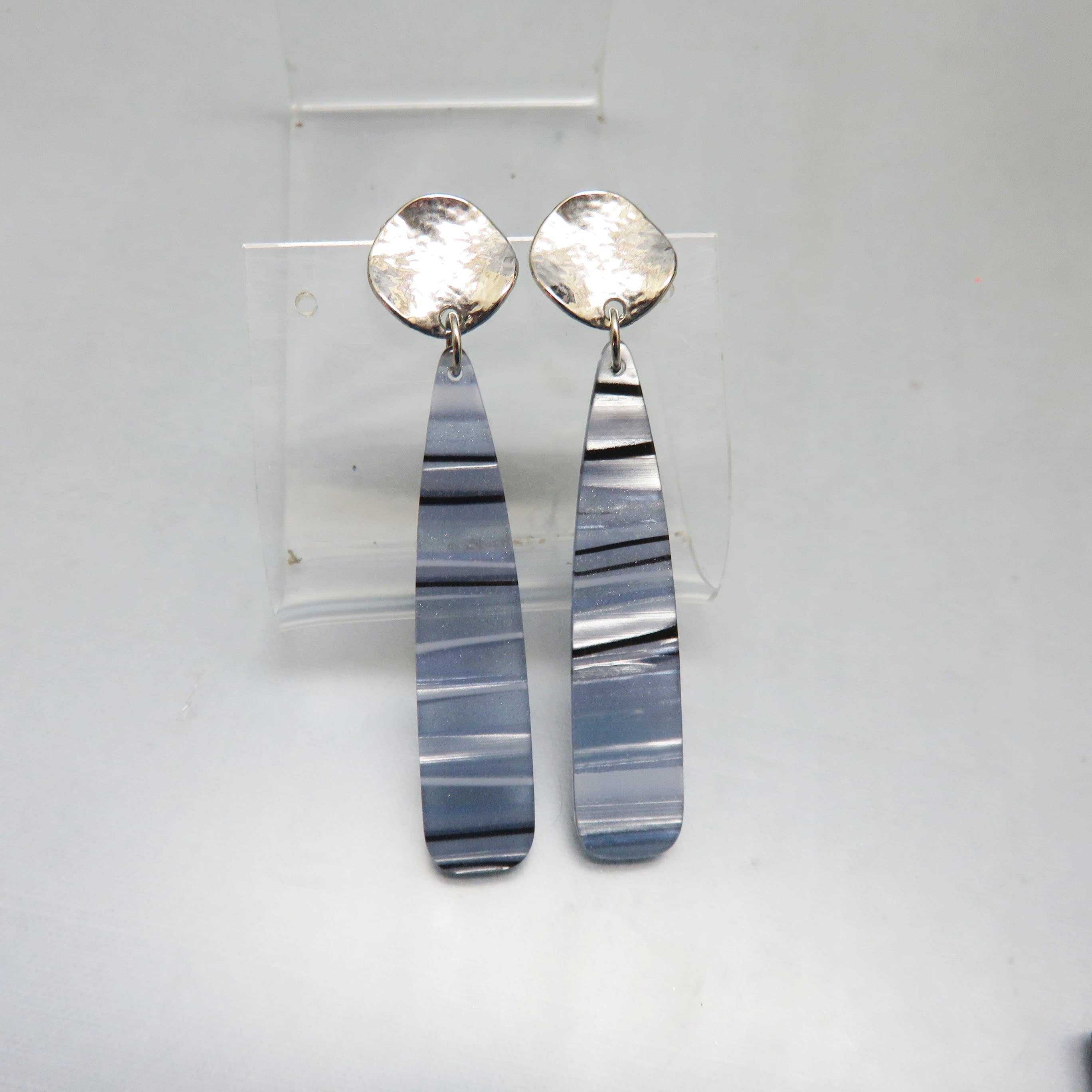 Vintage Gray Striped Resin Dangle Earrings | Modernist Long Pierced Statement Earrings | Marbled Lucite Look