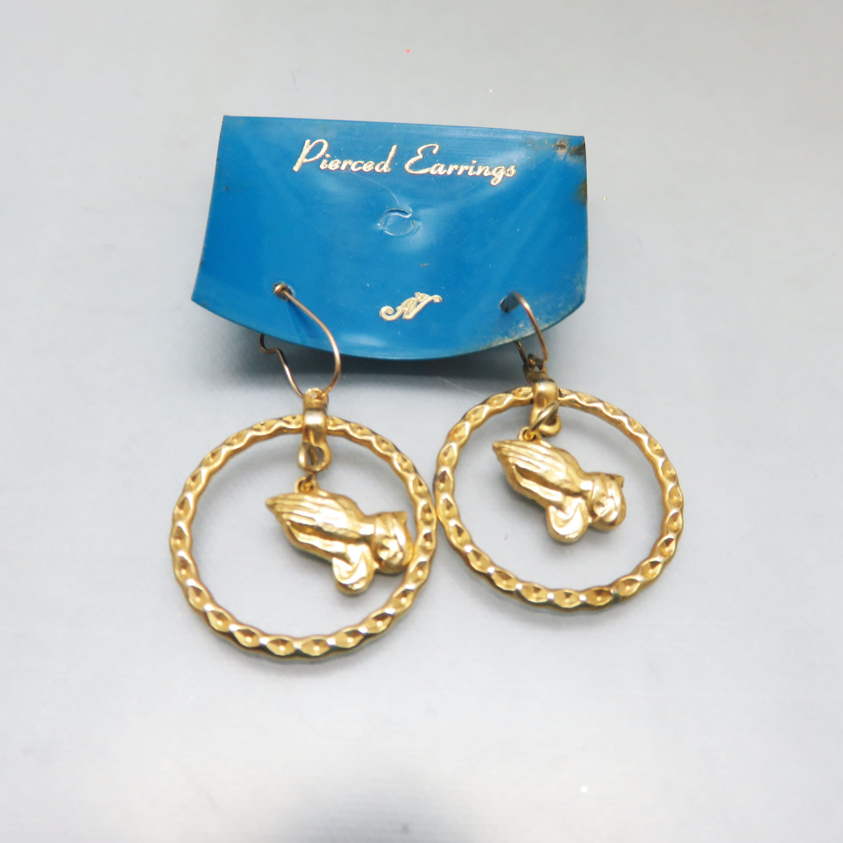 NOS Vintage 1970s Goldtone Praying Hands Hoop Earrings on Original Kmart Card | Deadstock Religious Dangle Earrings