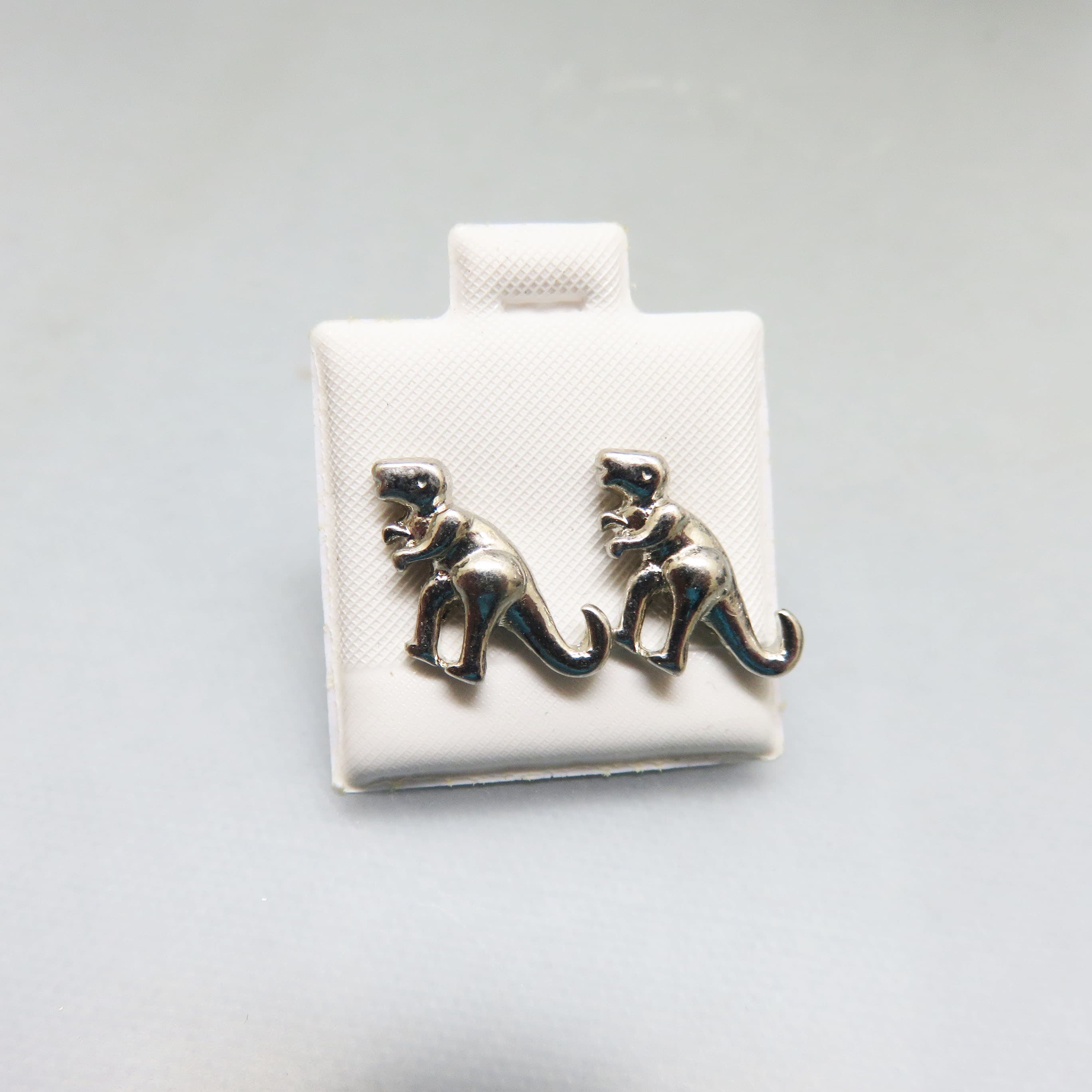 Vintage T-Rex Dinosaur Stud Earrings | Silvertone Tyrannosaurus Rex Pierced Earrings | Fun Novelty Jewelry