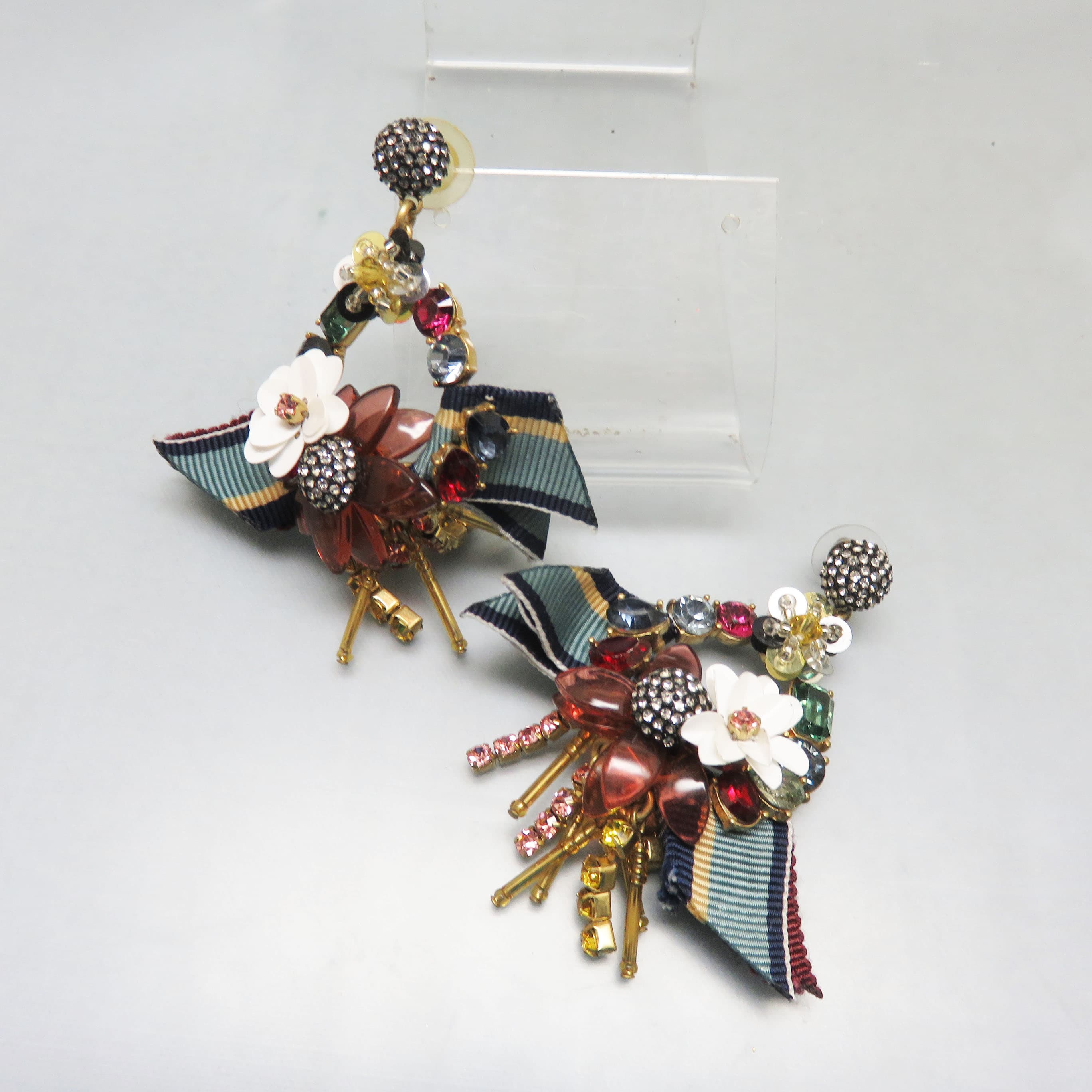 Maximalist Statement Pierced Earrings, Ribbon Crystal Floral Dangle Earrings, Runway Style Boutique Jewelry, Colorful Gold Tone Earrings, 2 7/8 Inch