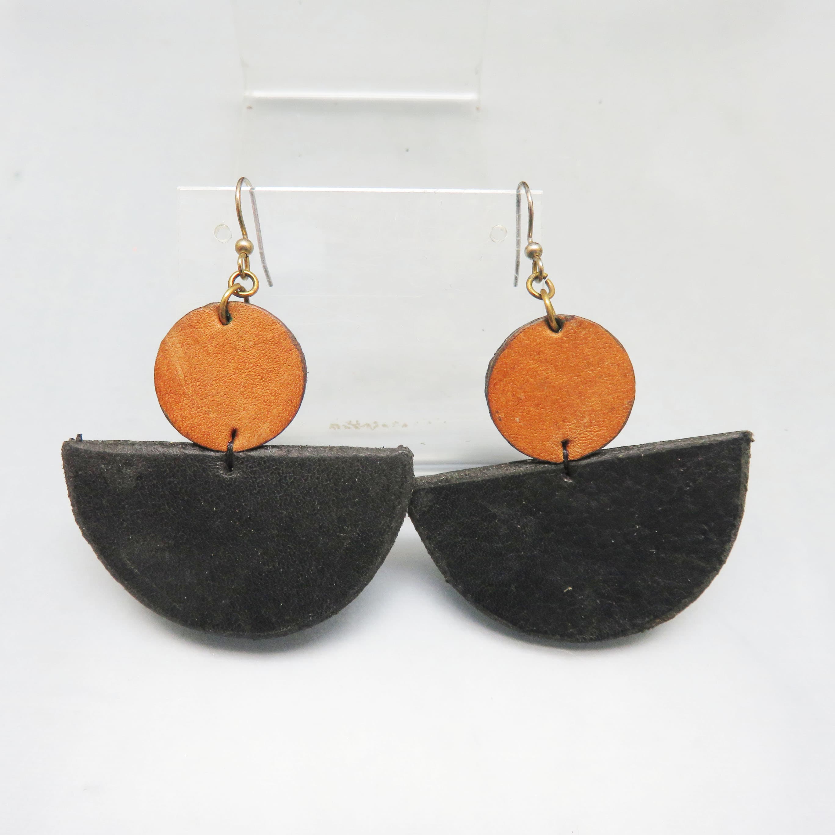Modernist Black & Cognac Leather Statement Earrings | Handmade Geometric Dangle Earrings | Lightweight Artisan Wearable Art