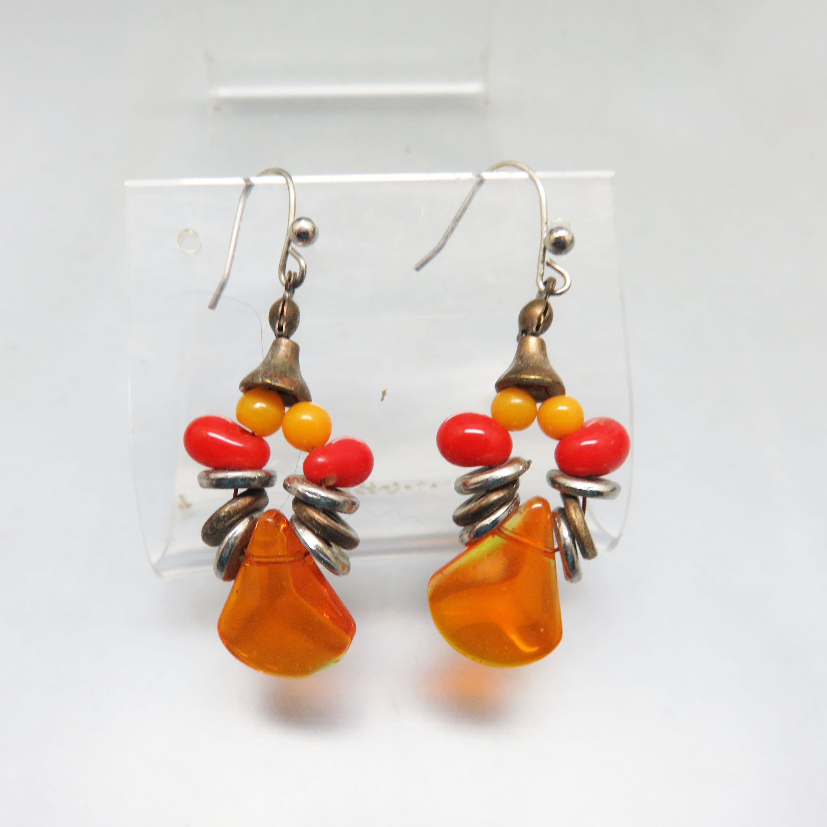 Vintage Coral & Amber Bakelite Beaded Dangle Earrings | Artisan Boho Statement Earrings | 2 Inch Drop