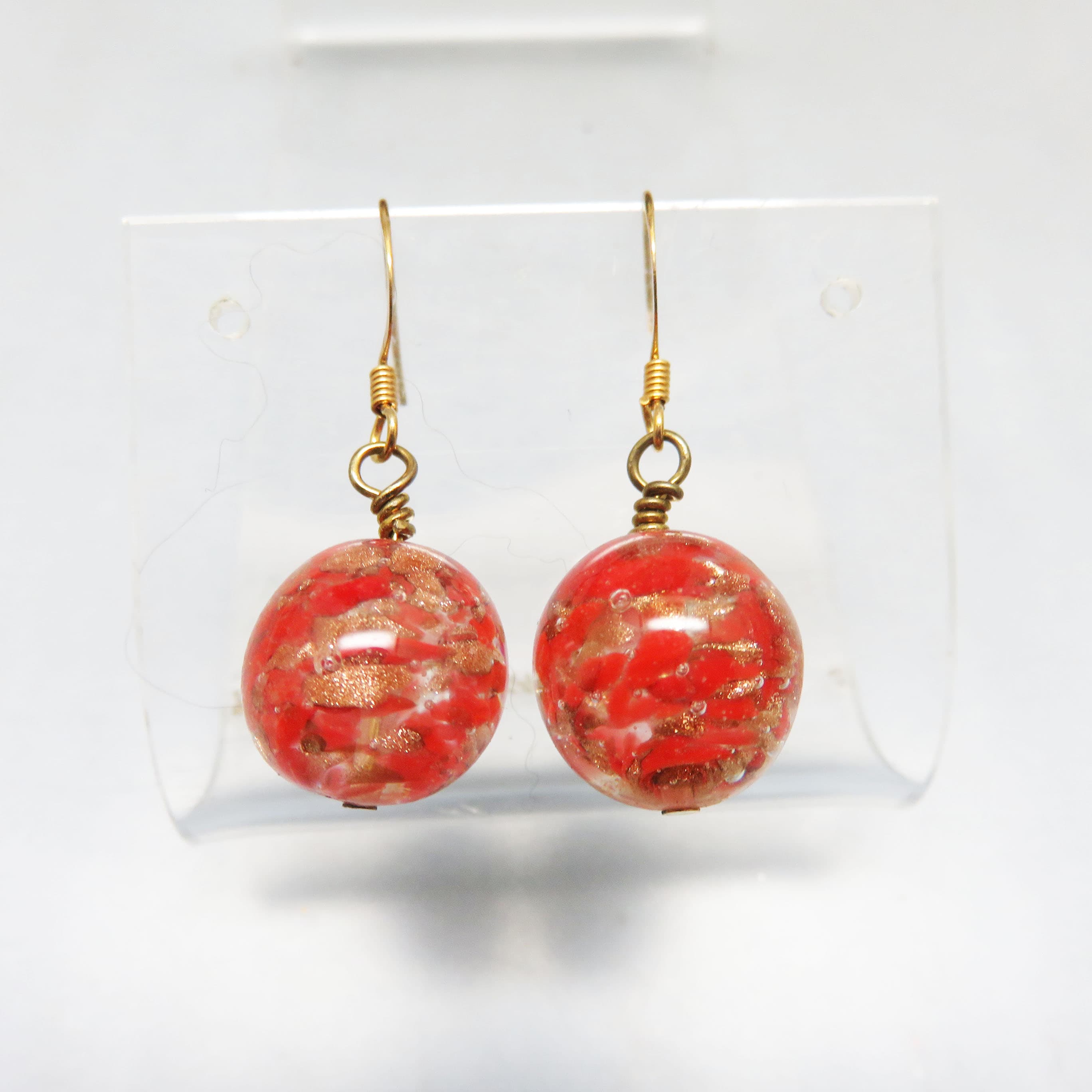 Vintage Italian Art Glass Ball Earrings | Gold Foil Venetian Style Pierced Dangle Earrings | Red & Gold Glass