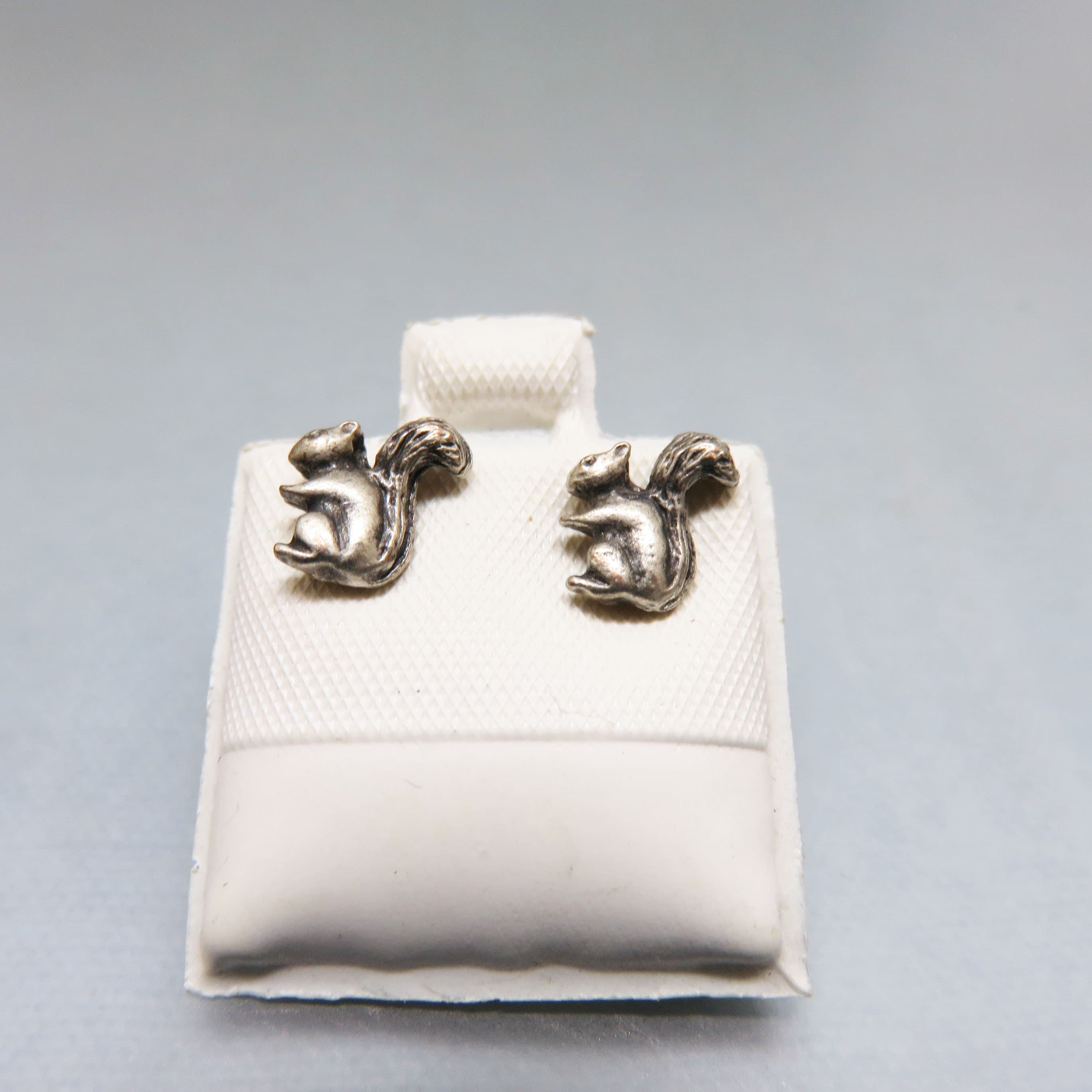 Vintage Lead-Free Pewter Squirrel Stud Earrings | Woodland Animal Earrings | Nature Inspired Petite Posts