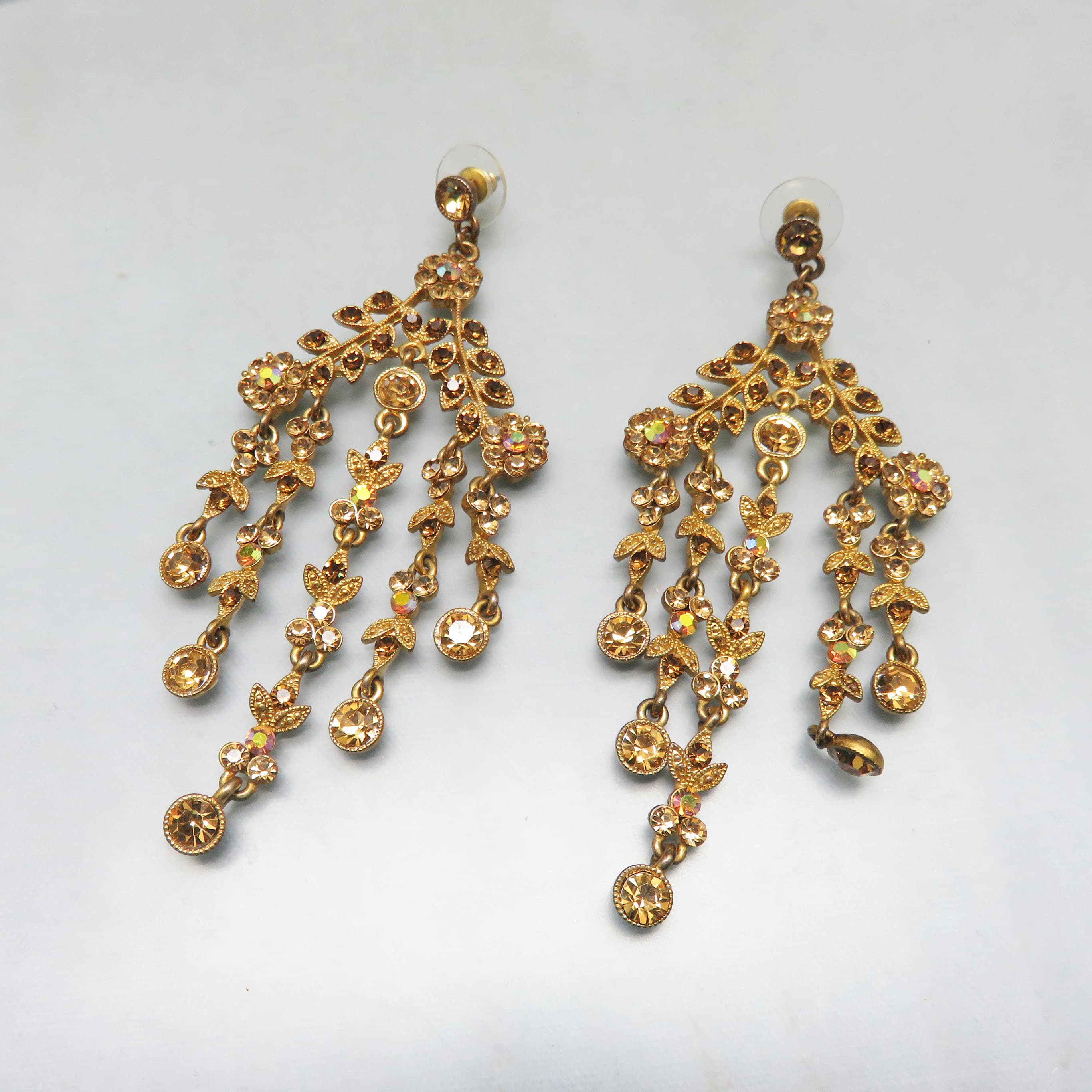 Vintage Gold Tone Crystal Chandelier Earrings | Elegant Floral Rhinestone Statement Earrings | 4 Inch Evening Dangles