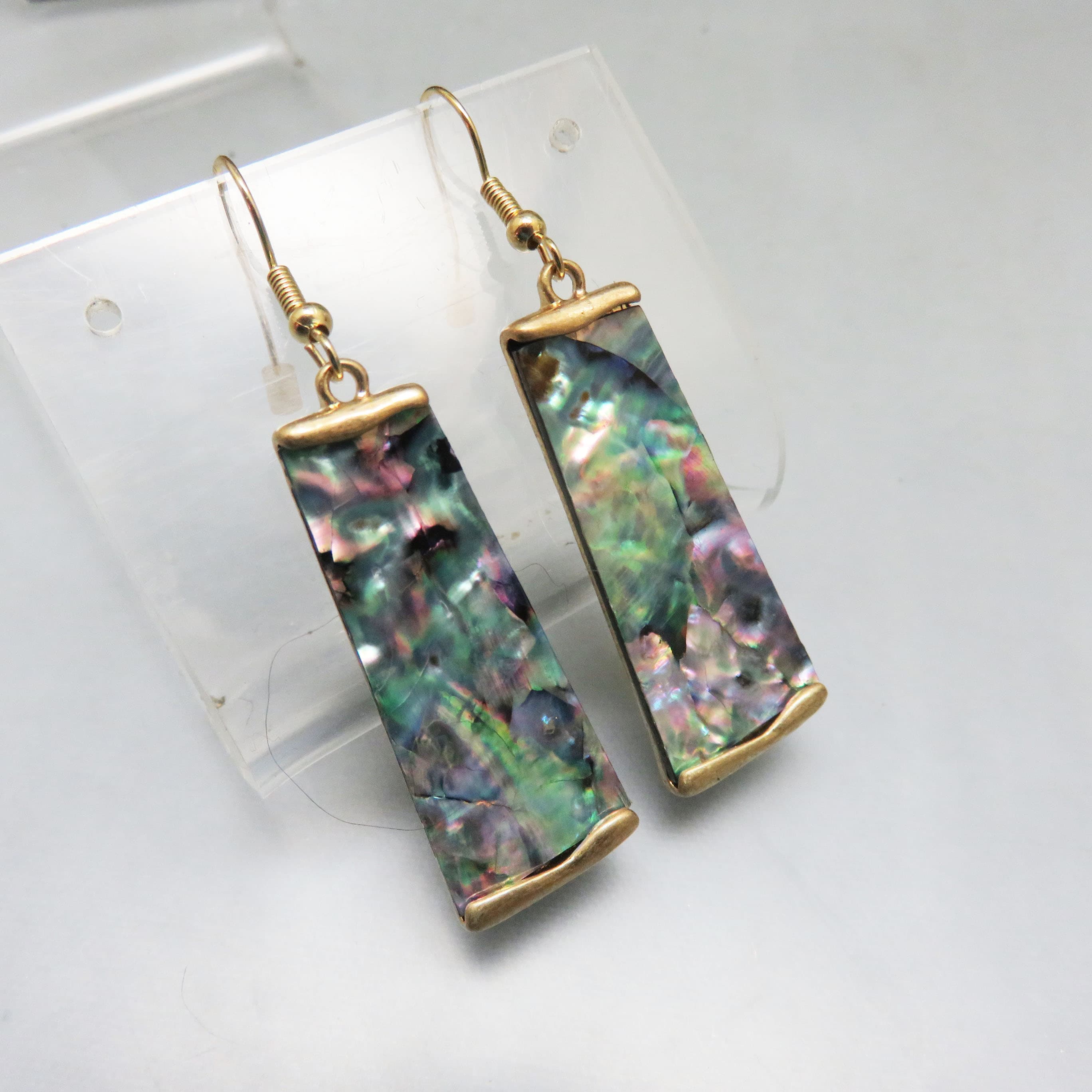 Vintage Abalone Shell Bar Earrings | Gold Tone French Hook Dangle Earrings | Iridescent Abalone Shell Statement Jewelry