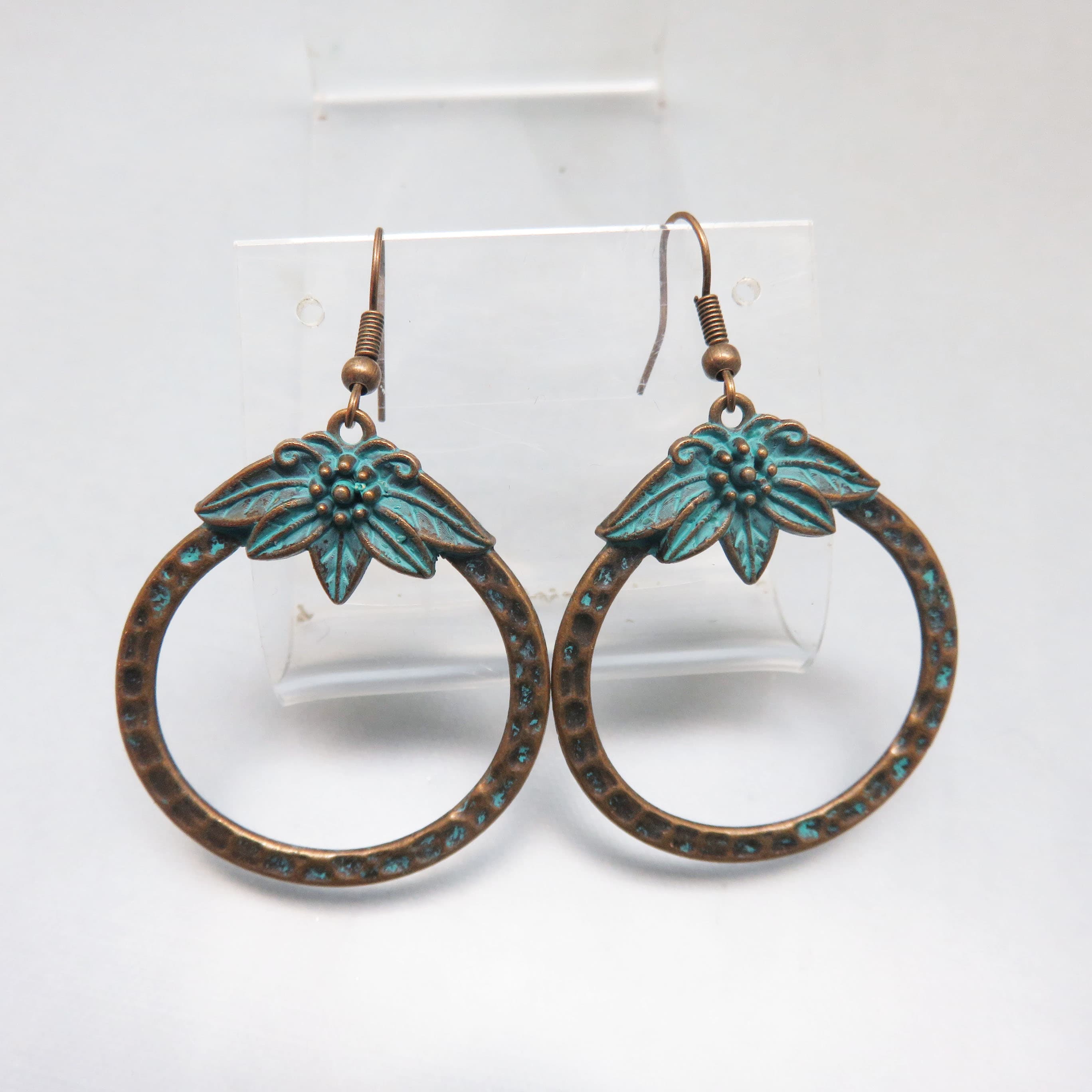 Vintage Verdigris Patina Brass Floral Hoop Earrings | Boho French Hook Dangles | Artisan Statement Jewelry