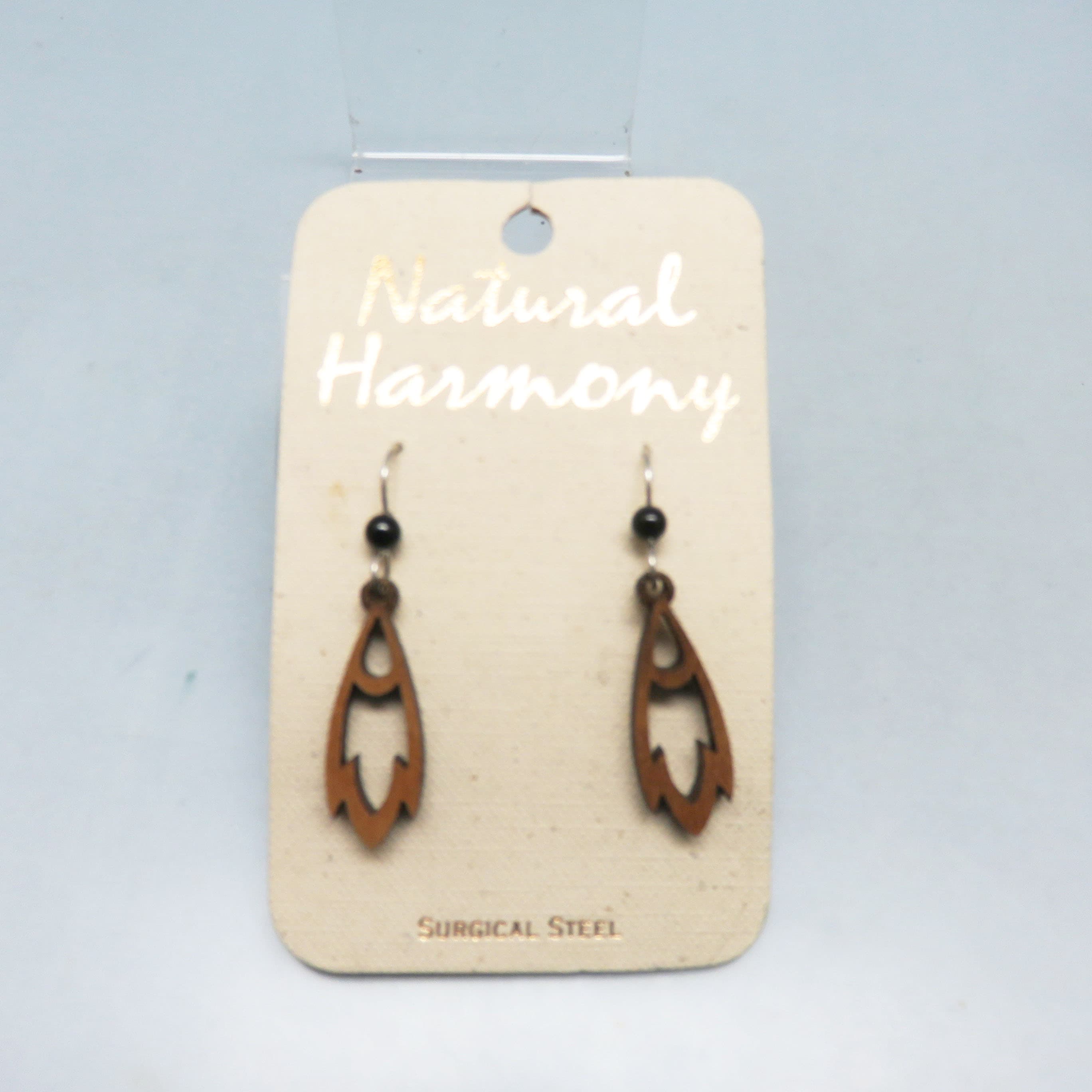 Vintage Natural Harmony Wooden Leaf Dangle Earrings on Original Card | Surgical Steel Ear Wires | Nature Inspired Jewelry