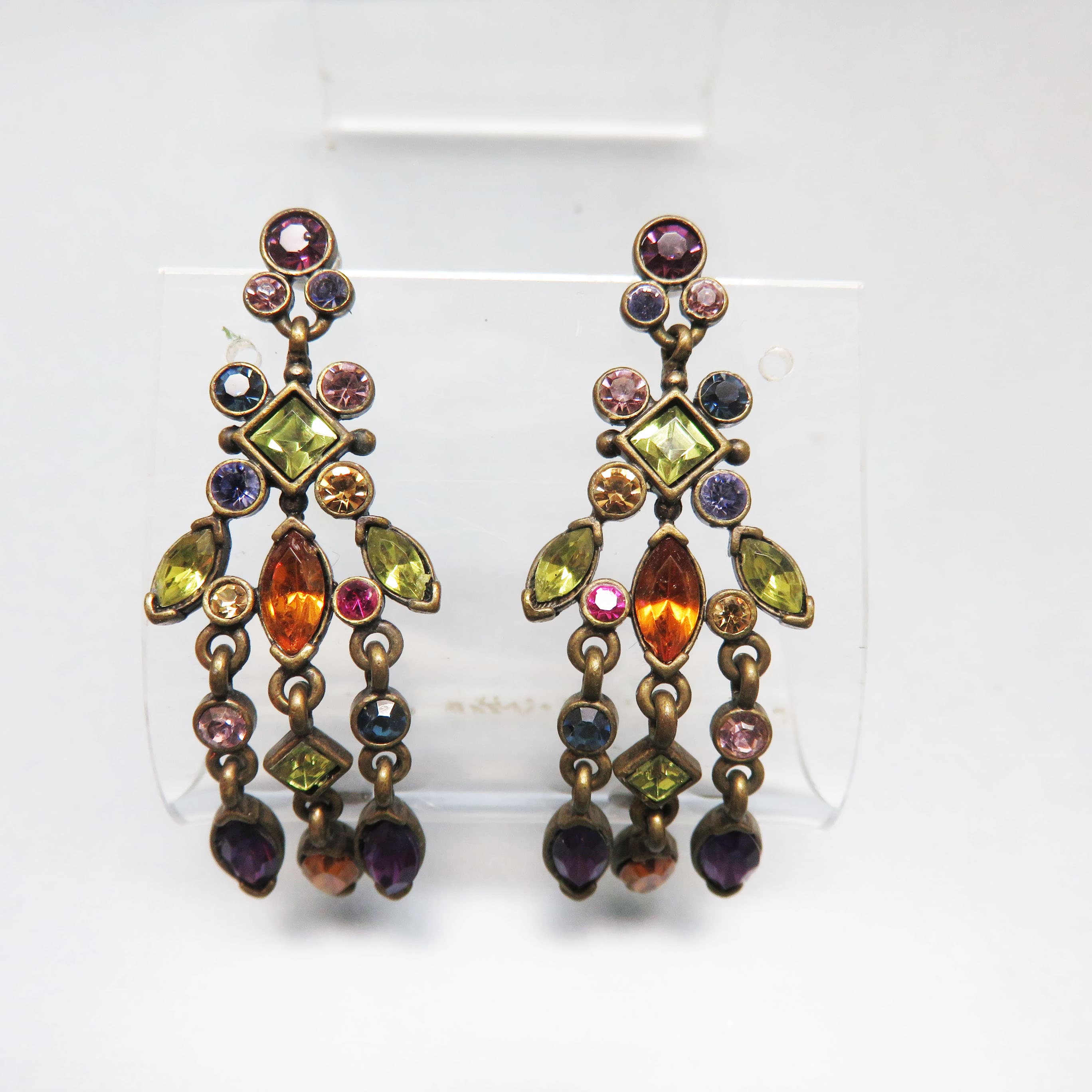 Vintage Multicolor Rhinestone Chandelier Earrings, Antiqued Gold Tone Statement Earrings, Bohemian Luxe Evening Jewelry