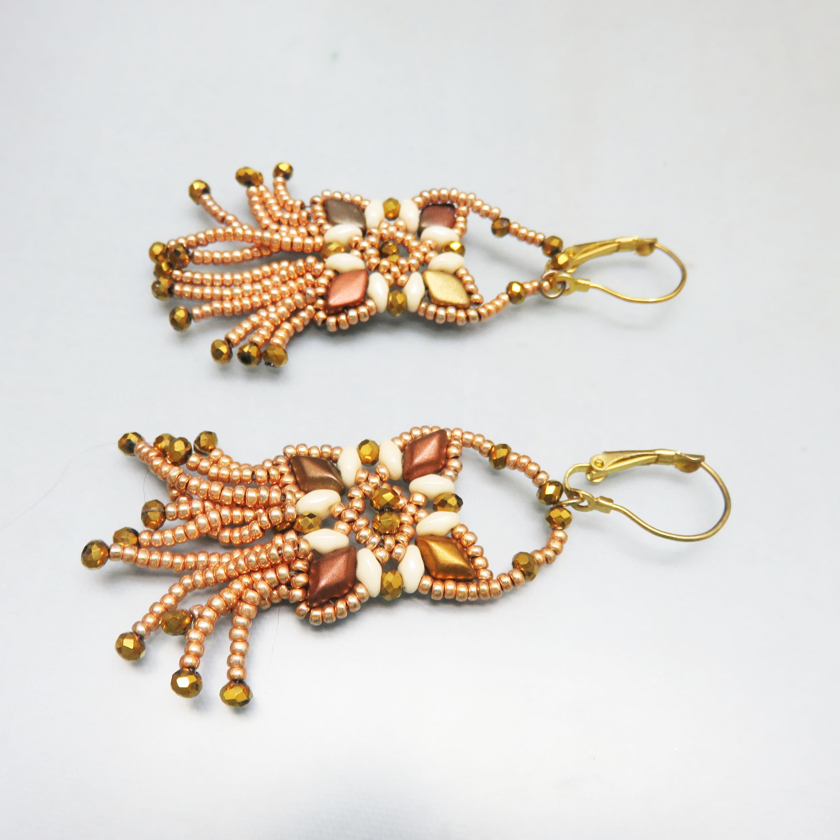 Hand Beaded Boho Fringe Earrings, Artisan Seed Bead Dangle Earrings, Bronze, Copper, Gold & Ivory Statement Jewelry