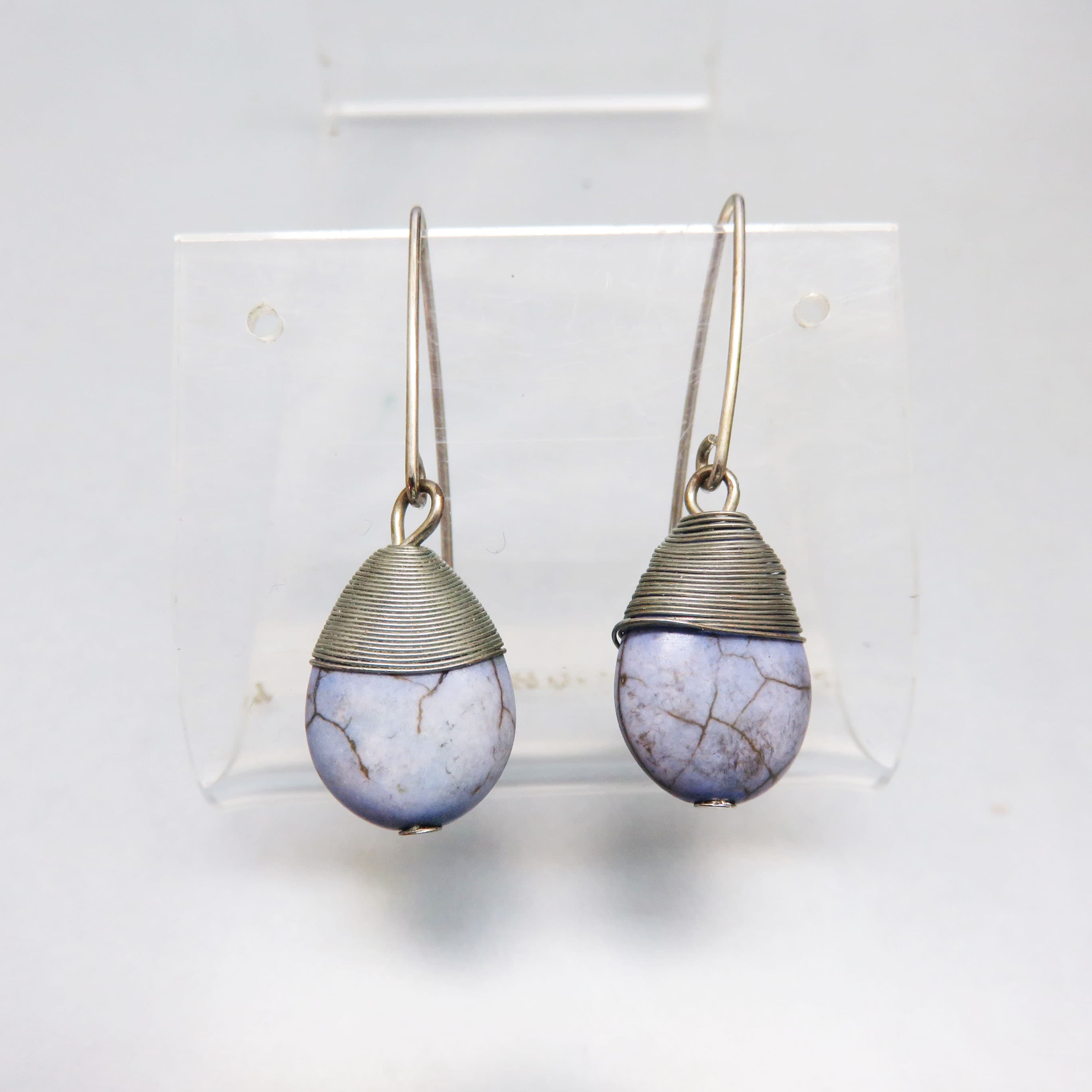 Dusty Gray Blue Howlite Teardrop Earrings | Silverplated Wire-Wrapped Artisan Dangle Earrings