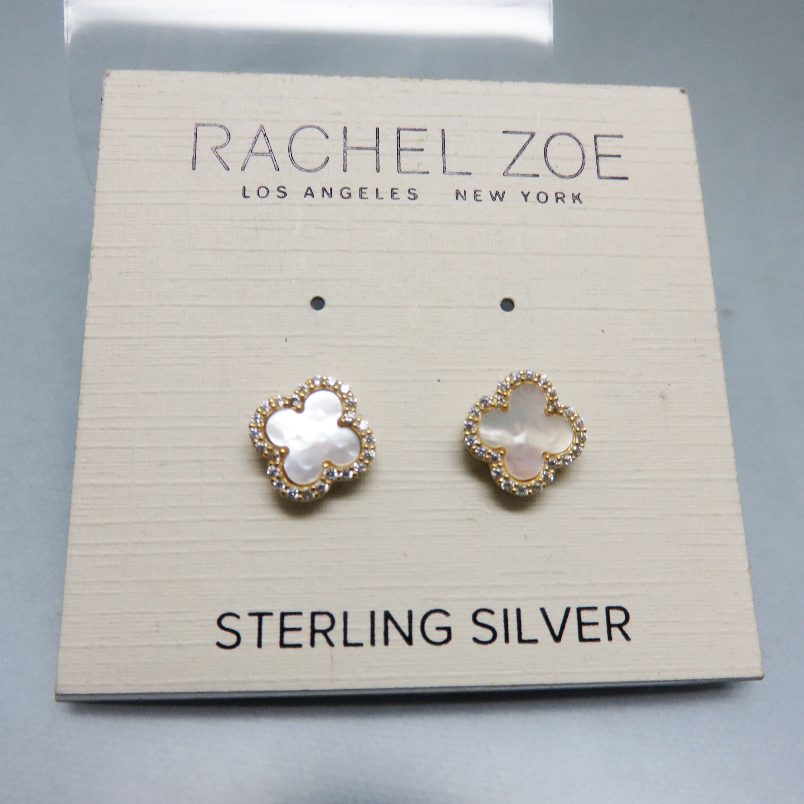 Rachel Zoe Gold Vermeil Mother of Pearl Quatrefoil Stud Earrings | CZ Halo Sterling Silver | Mint on Card