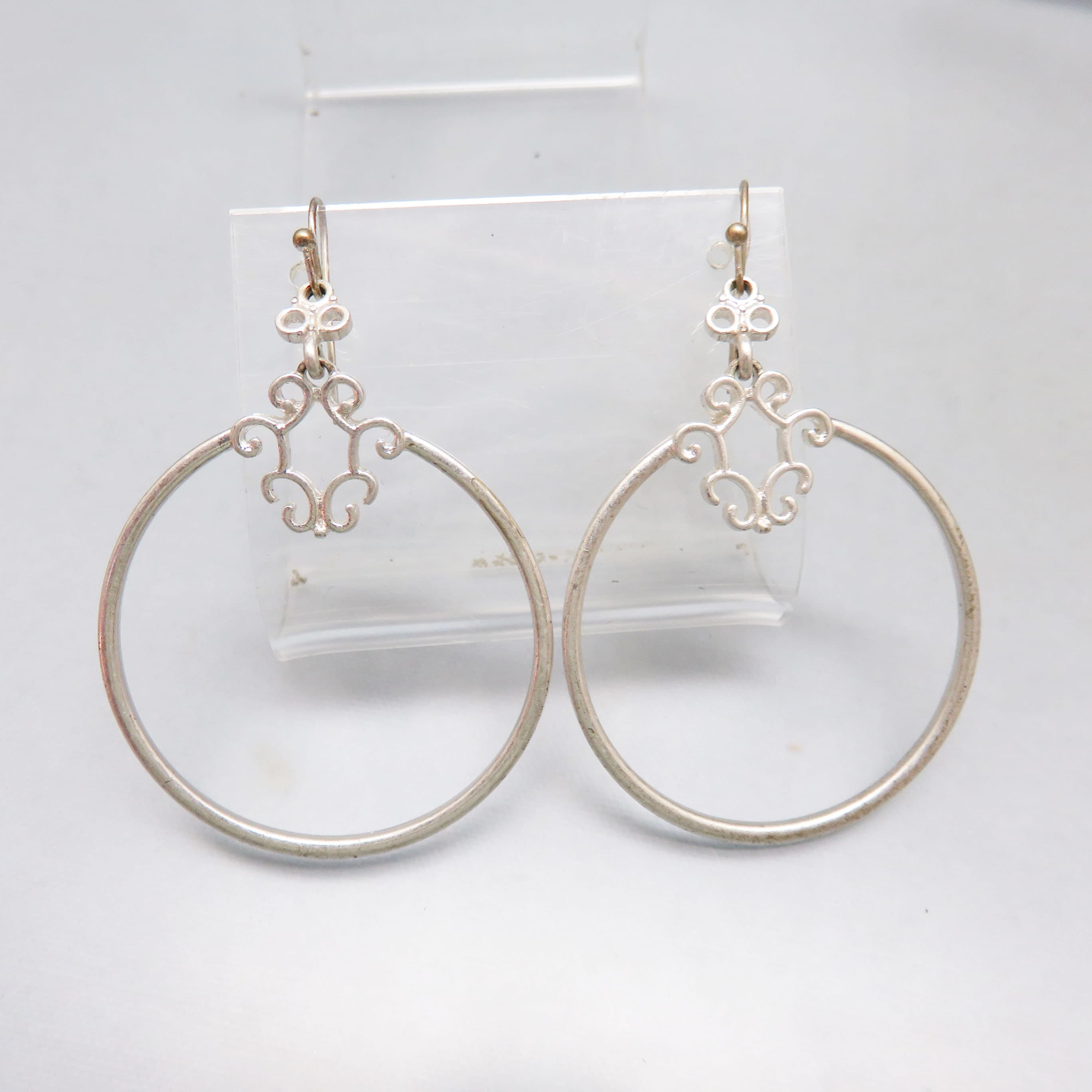 Vintage Silvertone Scroll Hoop Drop Earrings | Filigree Open Circle Dangle Earrings | Elegant Statement Pierced Earrings