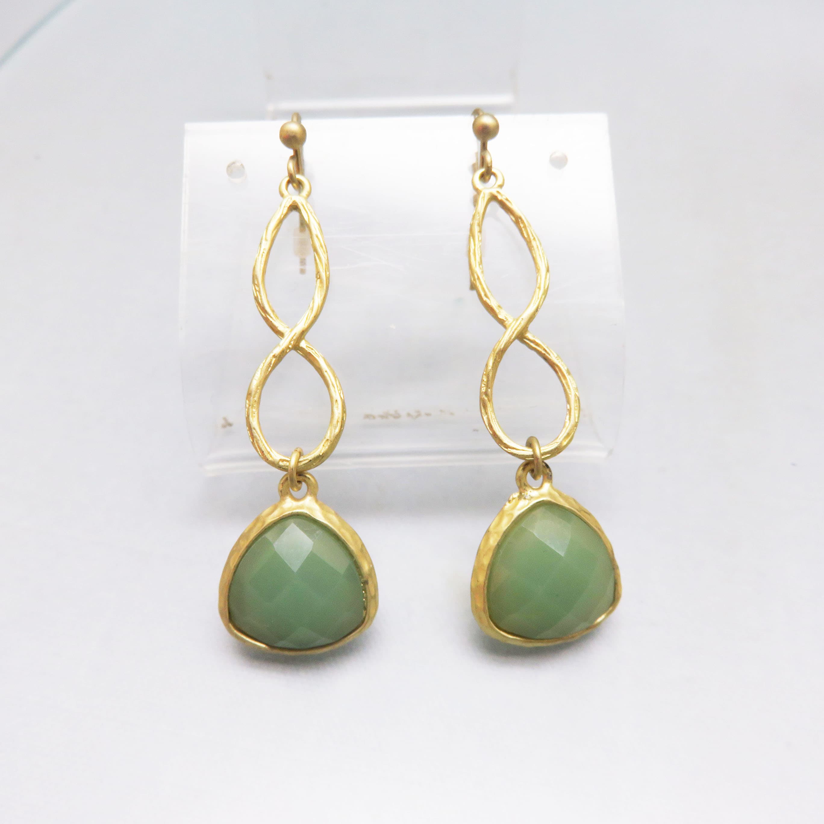 legant Mint Green Faceted Acrylic Drop Earrings, Goldtone Infinity Dangles, Vintage Statement Pierced Earrings, 2.5 Inch