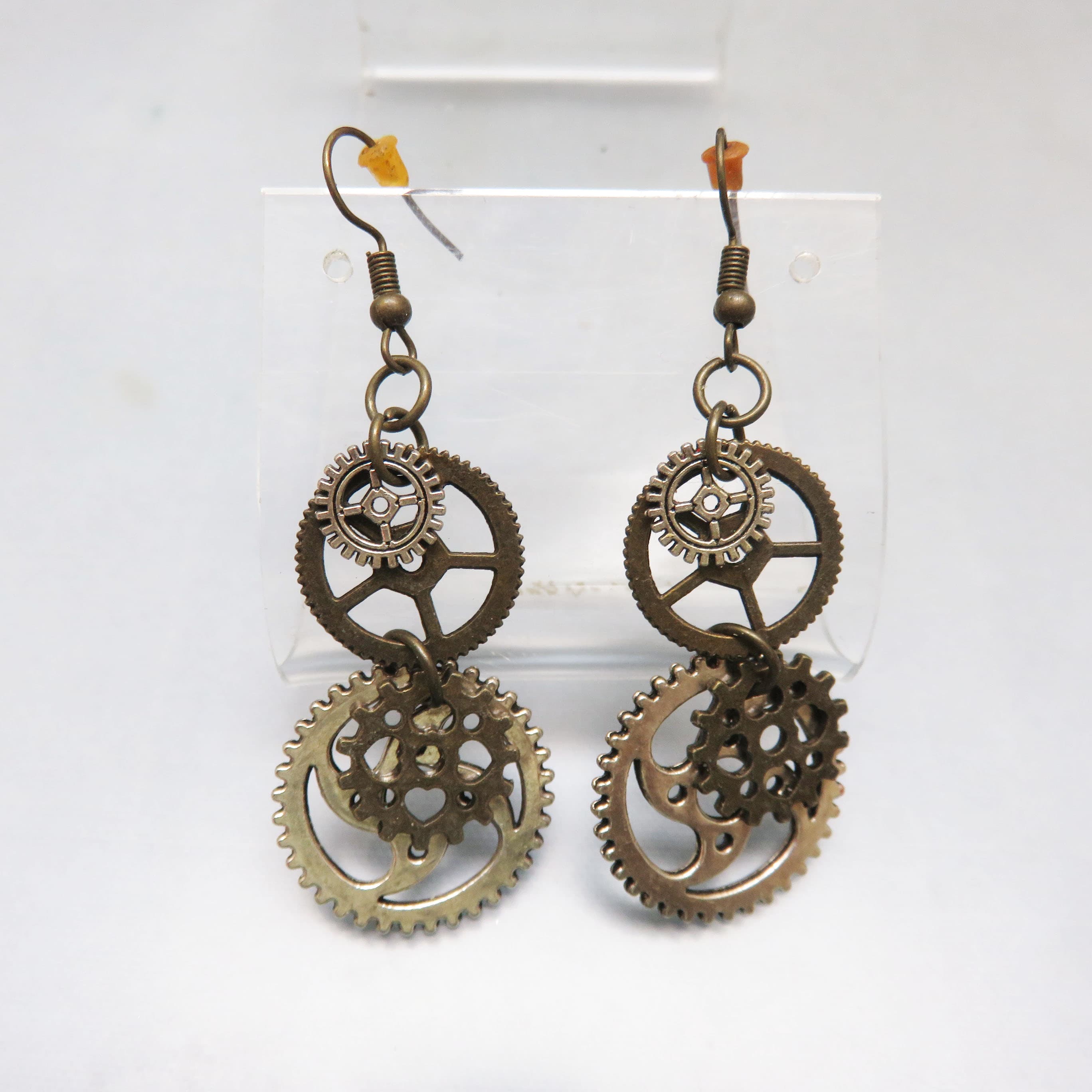 Industrial Steampunk Gear Dangle Earrings | Mixed Gold & Silver Tone Layered Cog Earrings | Long Artisan Statement Earrings