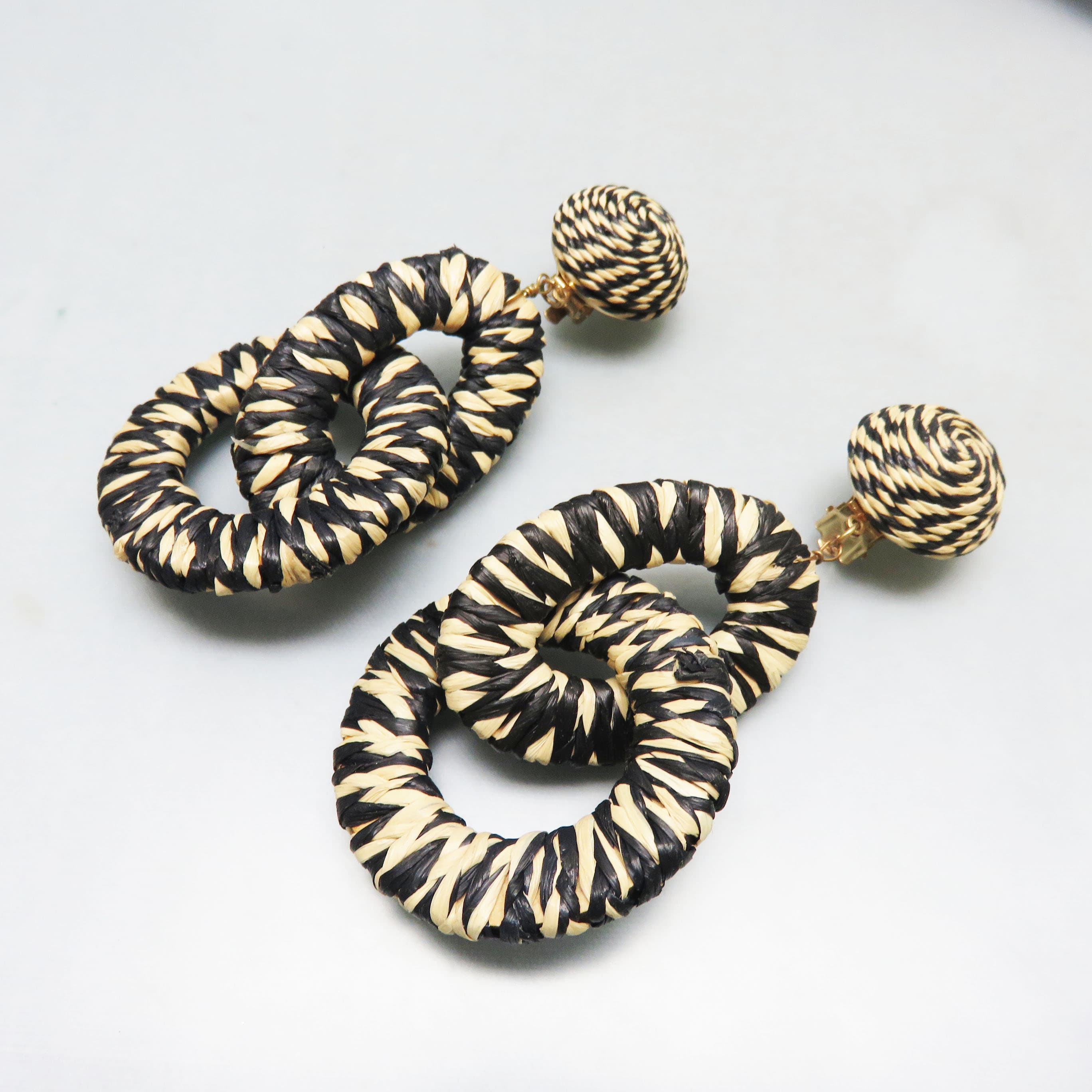 Oversized Black & Natural Raffia Statement Clip Earrings | Vintage Woven Double Hoop Dangle Earrings | Resort Chic Boho Glam