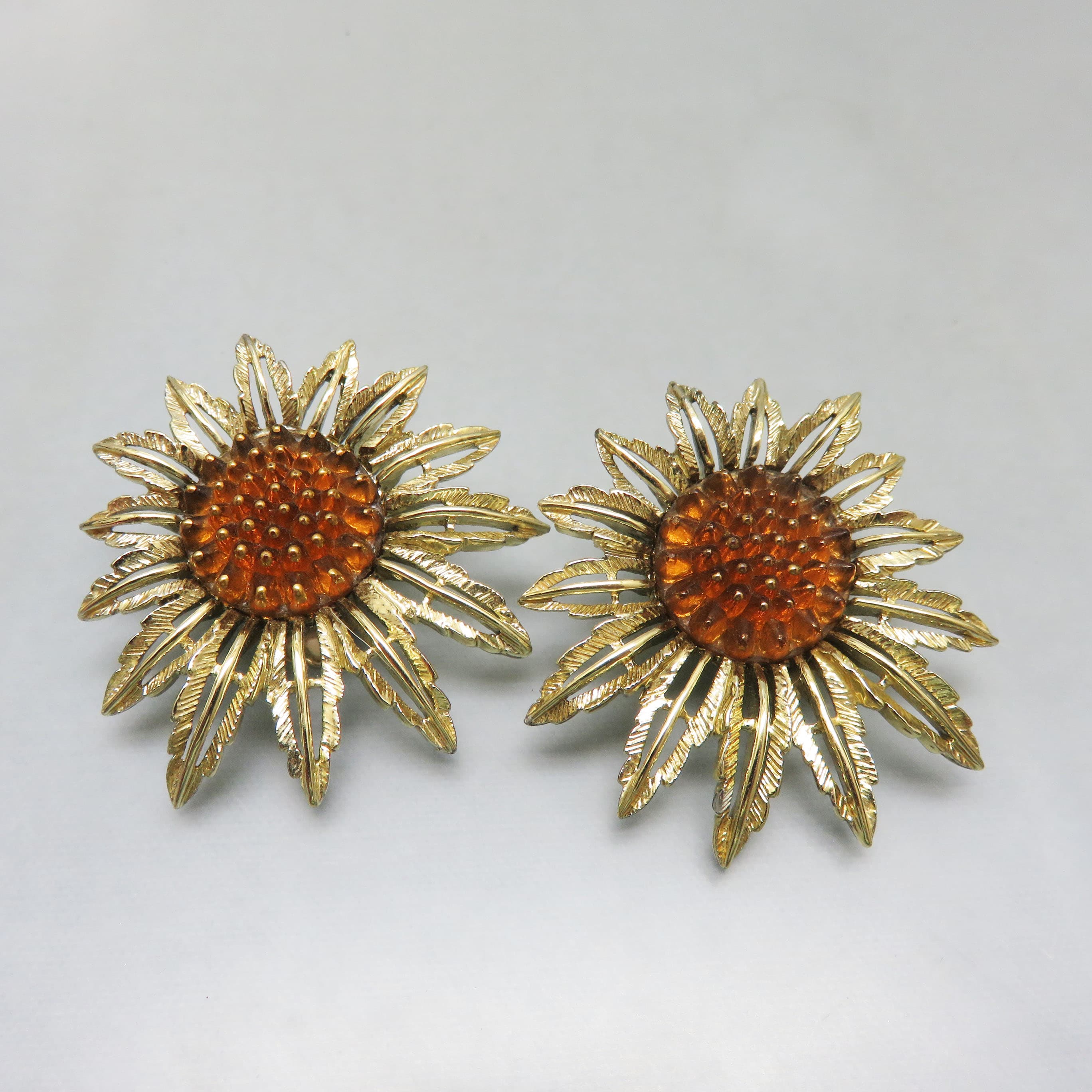 Vintage Sarah Coventry Golden Sunflower Clip-On Earrings | Amber Honey Cabochon Floral Statement Earrings | 1970s Designer Costume Jewelry