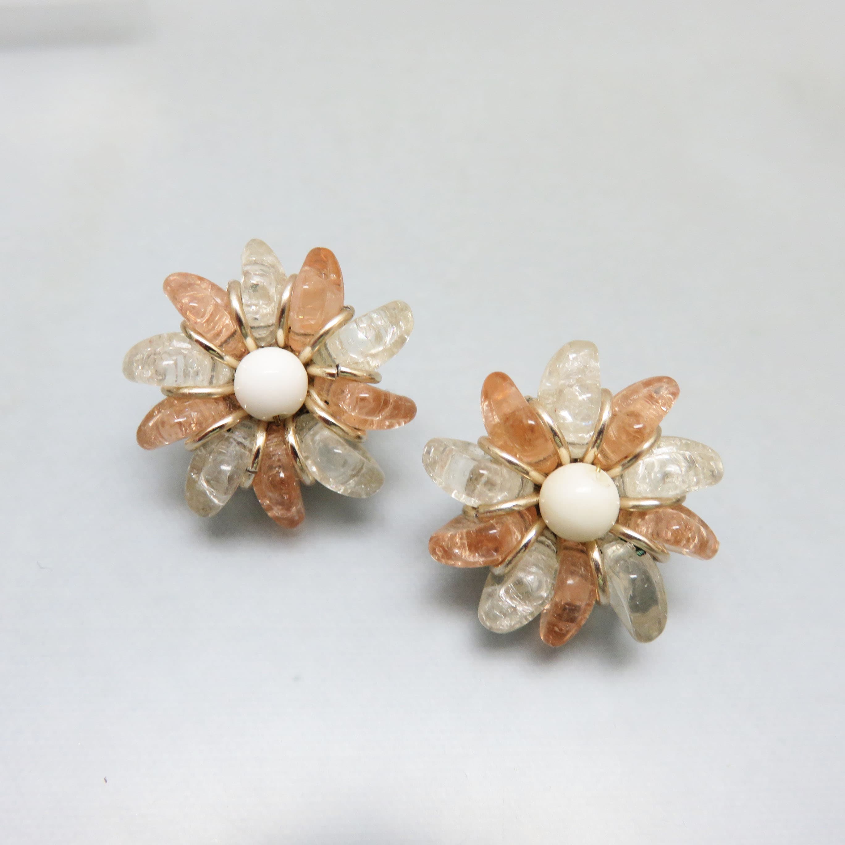 Vintage West Germany Molded Glass Floral Clip-On Earrings | Pink & Crystal Daisy Cluster Earrings | Mid-Century Statement Jewelry