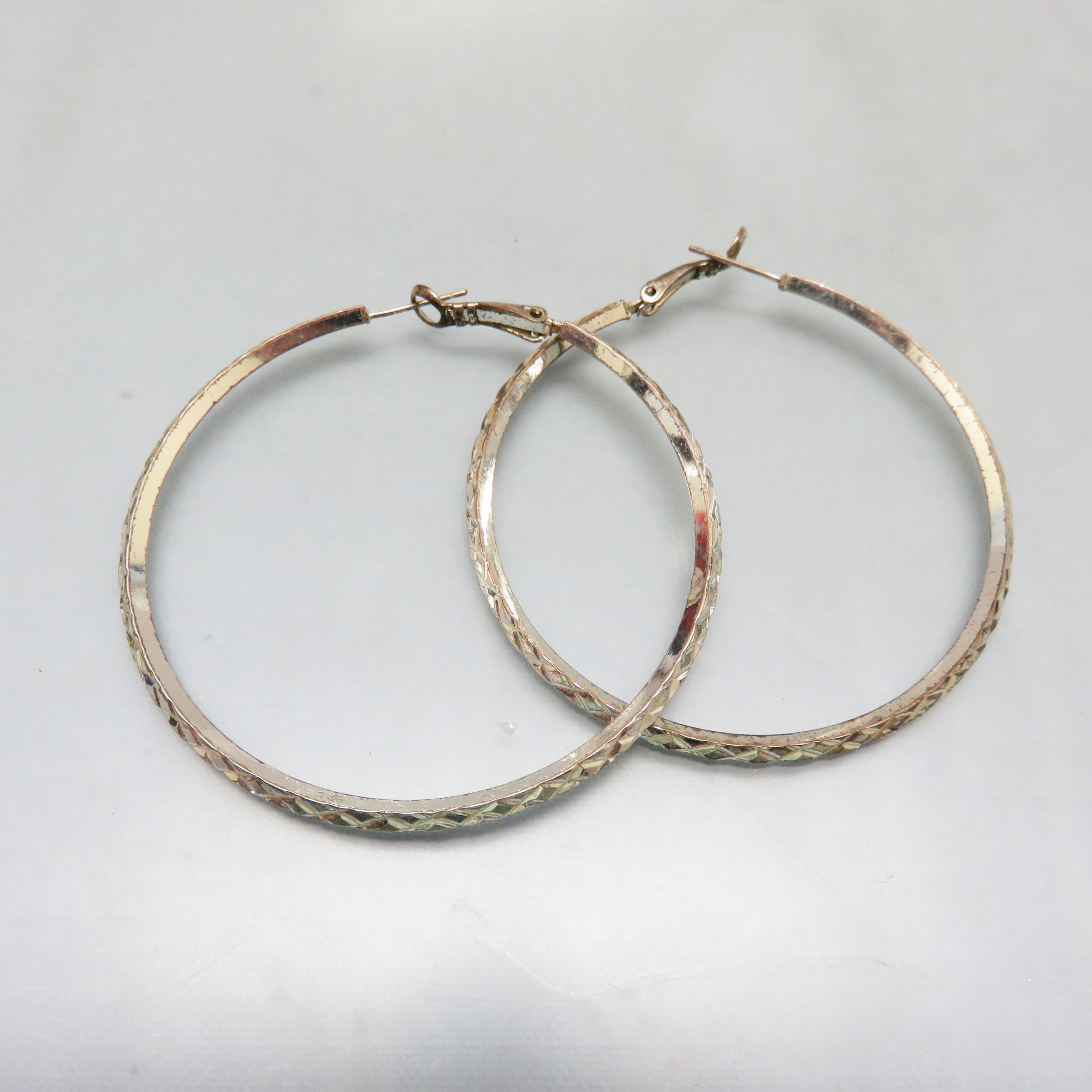 IBB Silver-Plated Diamond-Cut Hoop Earrings | Large 2¼ Inch Textured Hoops | Classic Statement Earrings