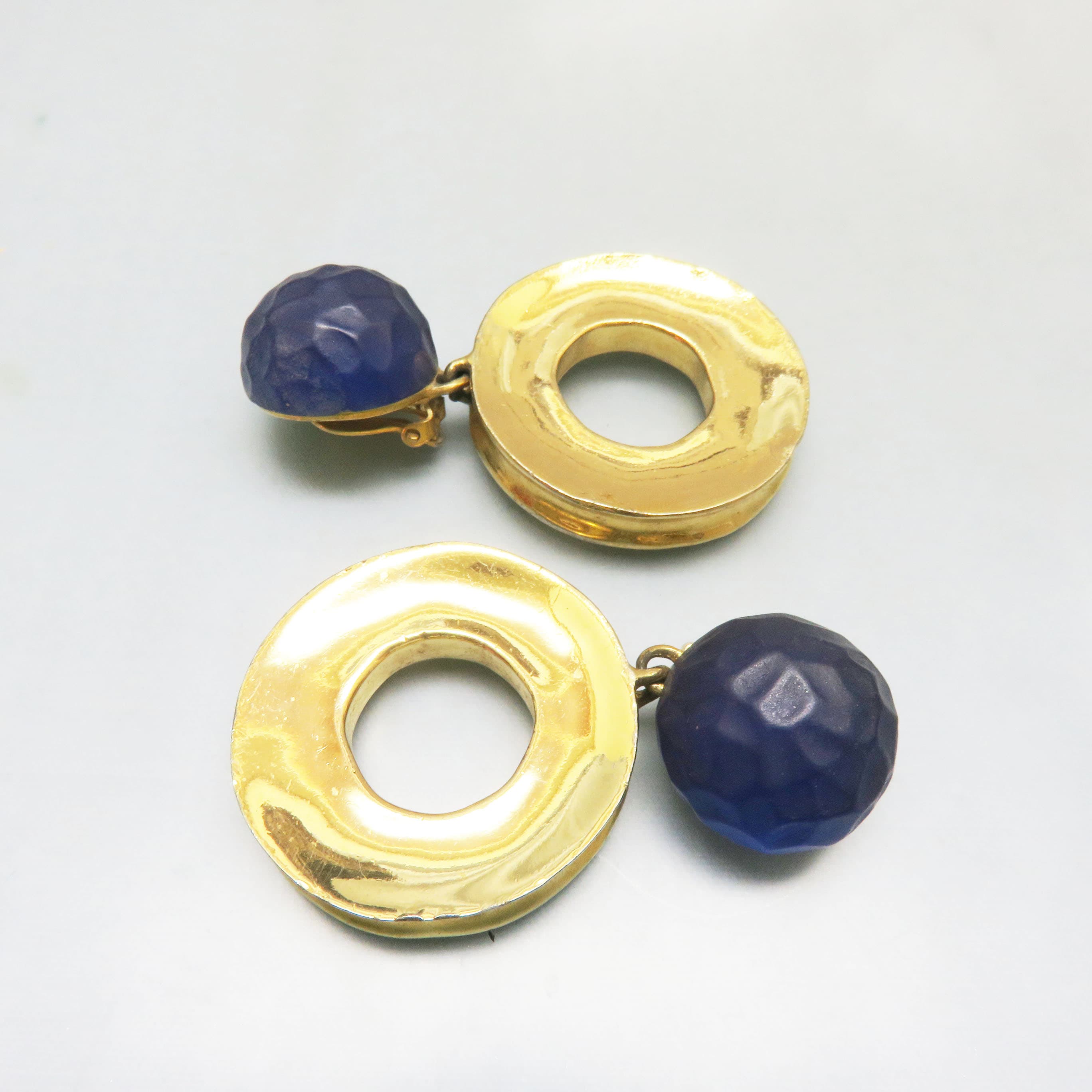 Vintage Givenchy Gold-Tone & Cobalt Blue Lucite Statement Clip-On Earrings | Oversized Designer Door Knocker Earrings | Signed Givenchy Paris New York