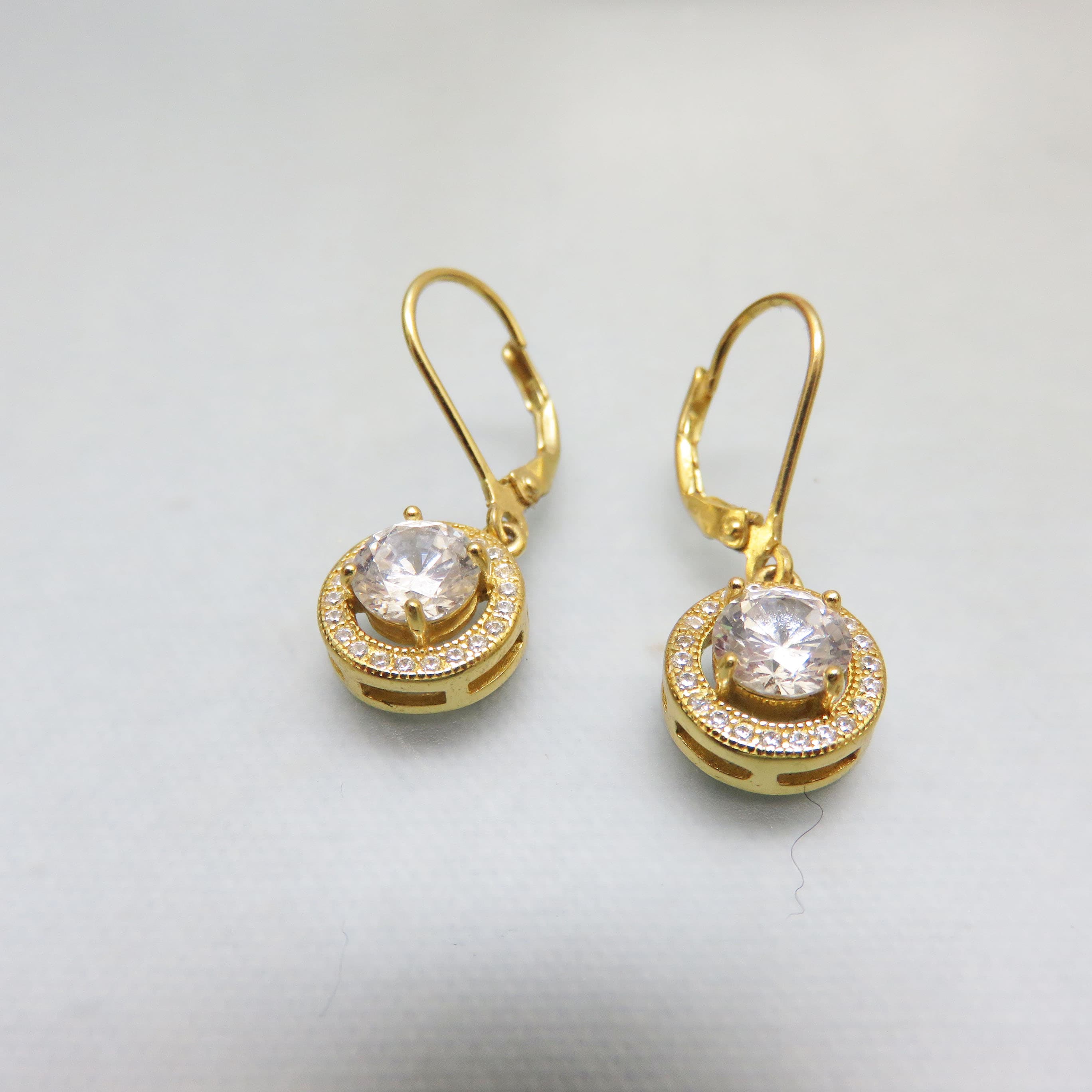 925 Sterling Silver Gold Vermeil Cubic Zirconia Halo Leverback Earrings | CZ Drop Earrings | Elegant Everyday Luxury