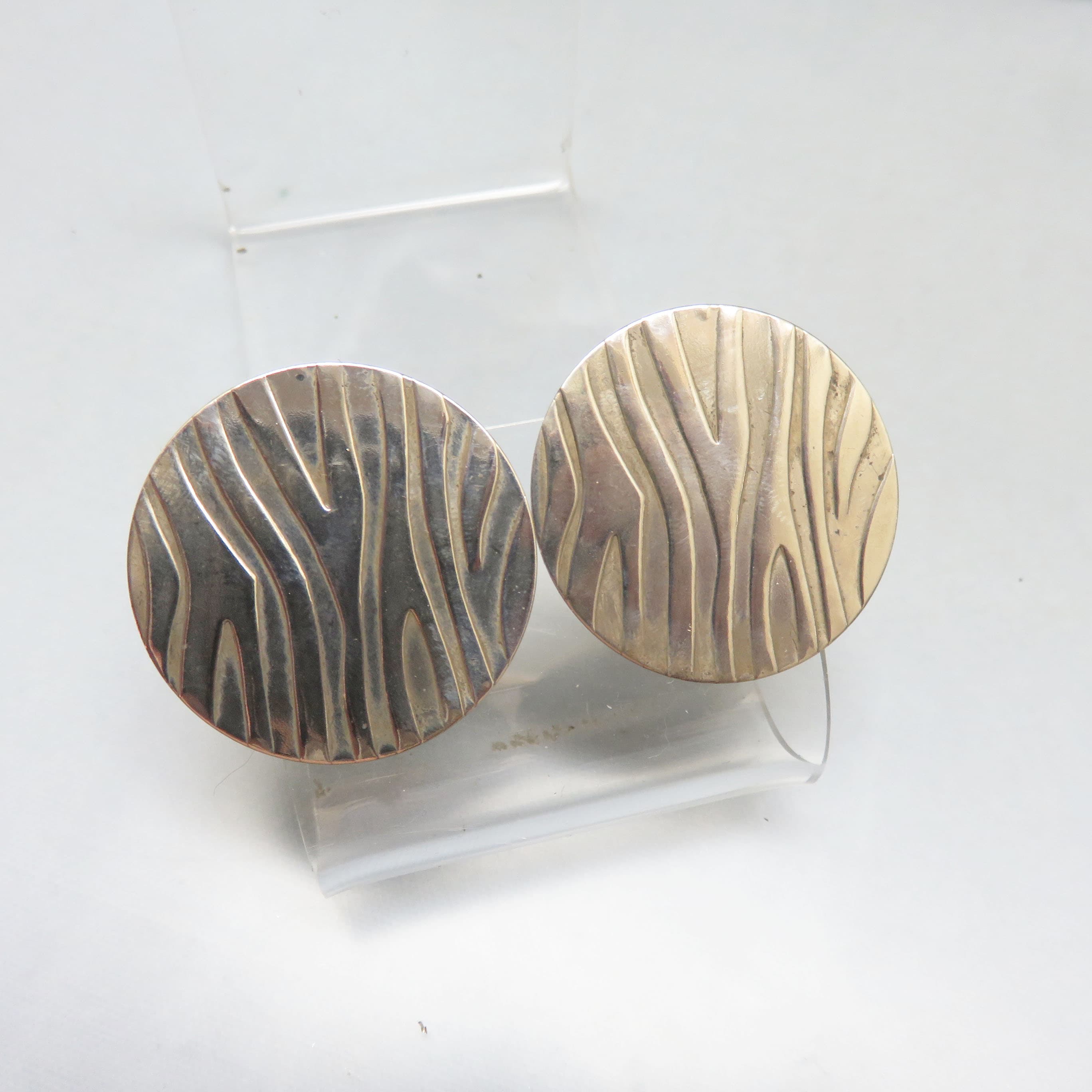 Artisan White Brass Etched Animal Stripes Disc Earrings, Modern Textured Statement Studs, Handcrafted Minimalist Pierced Earrings