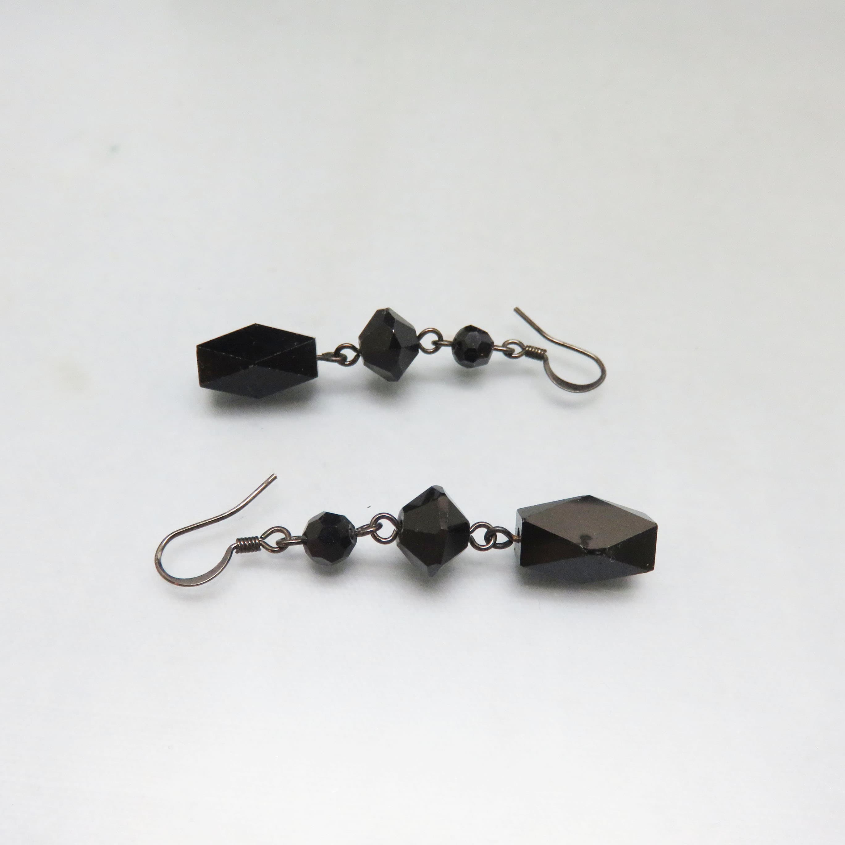 Vintage Black Faceted Crystal Dangle Earrings, Art Deco Style Beaded Earrings, Elegant Black Glass Statement Earrings