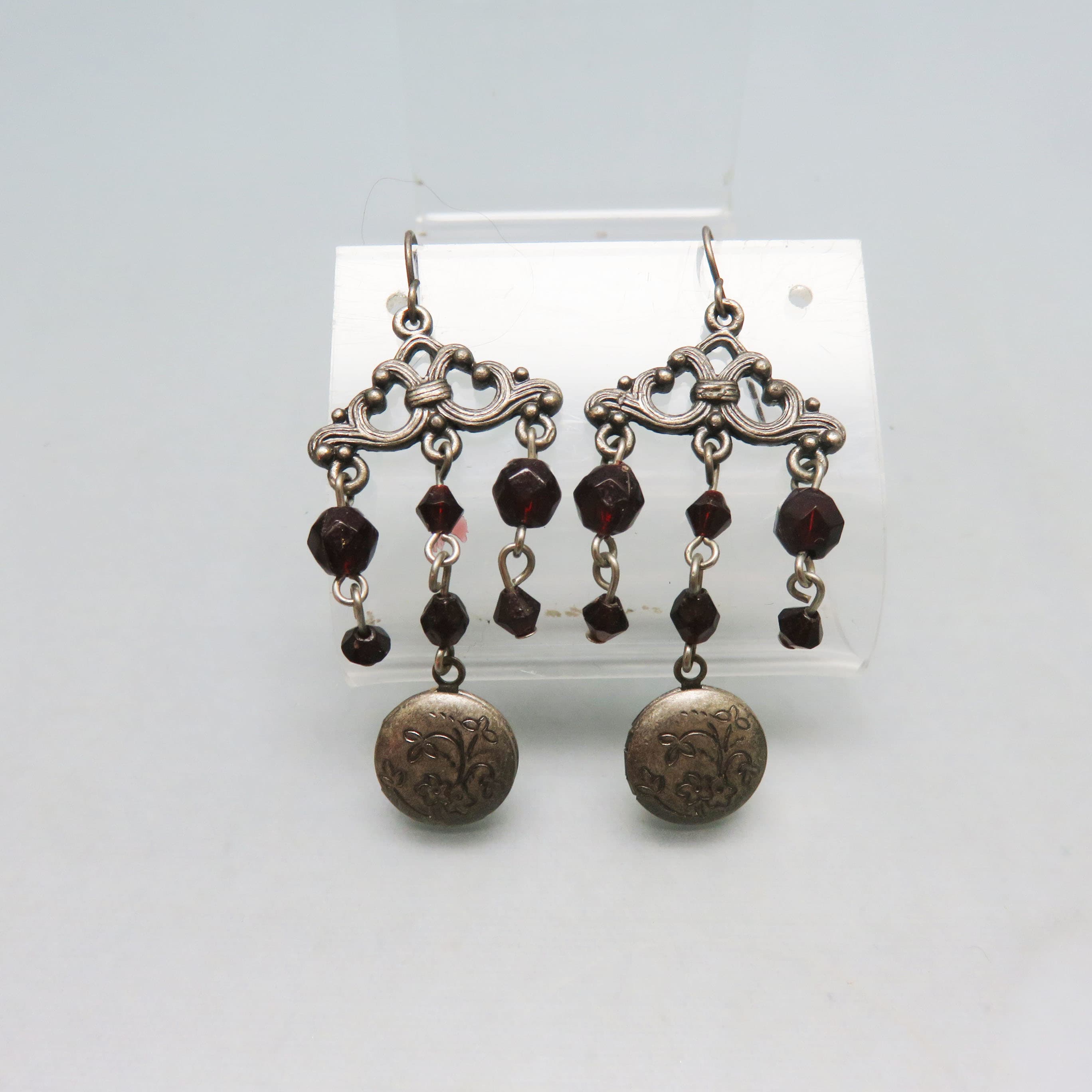 Vintage Working Locket Chandelier Earrings, Gunmetal Gray & Black Bead Dangles, Romantic Victorian Revival Pierced Earrings