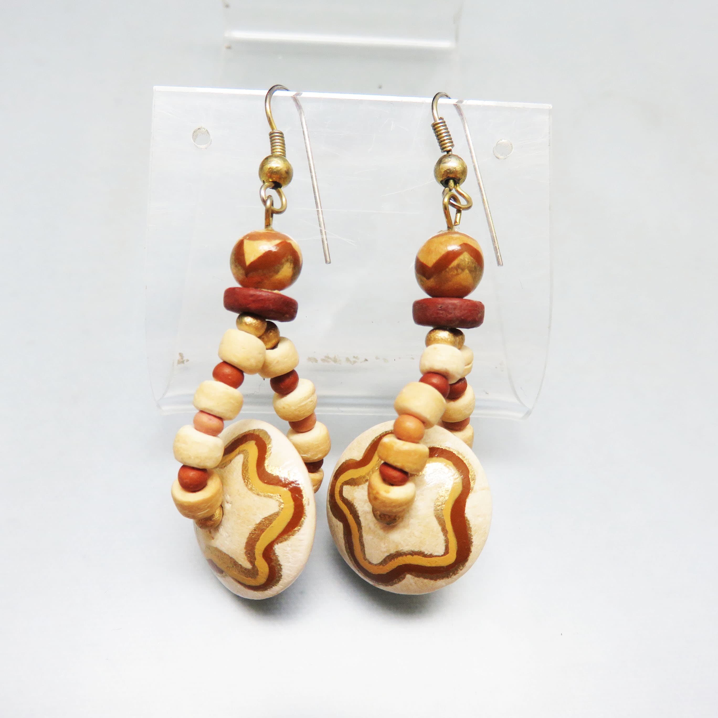 Artisan Hand-Painted Wooden Bead Dangle Earrings, Bohemian Statement Earrings, Handcrafted Wooden Pierced Earrings