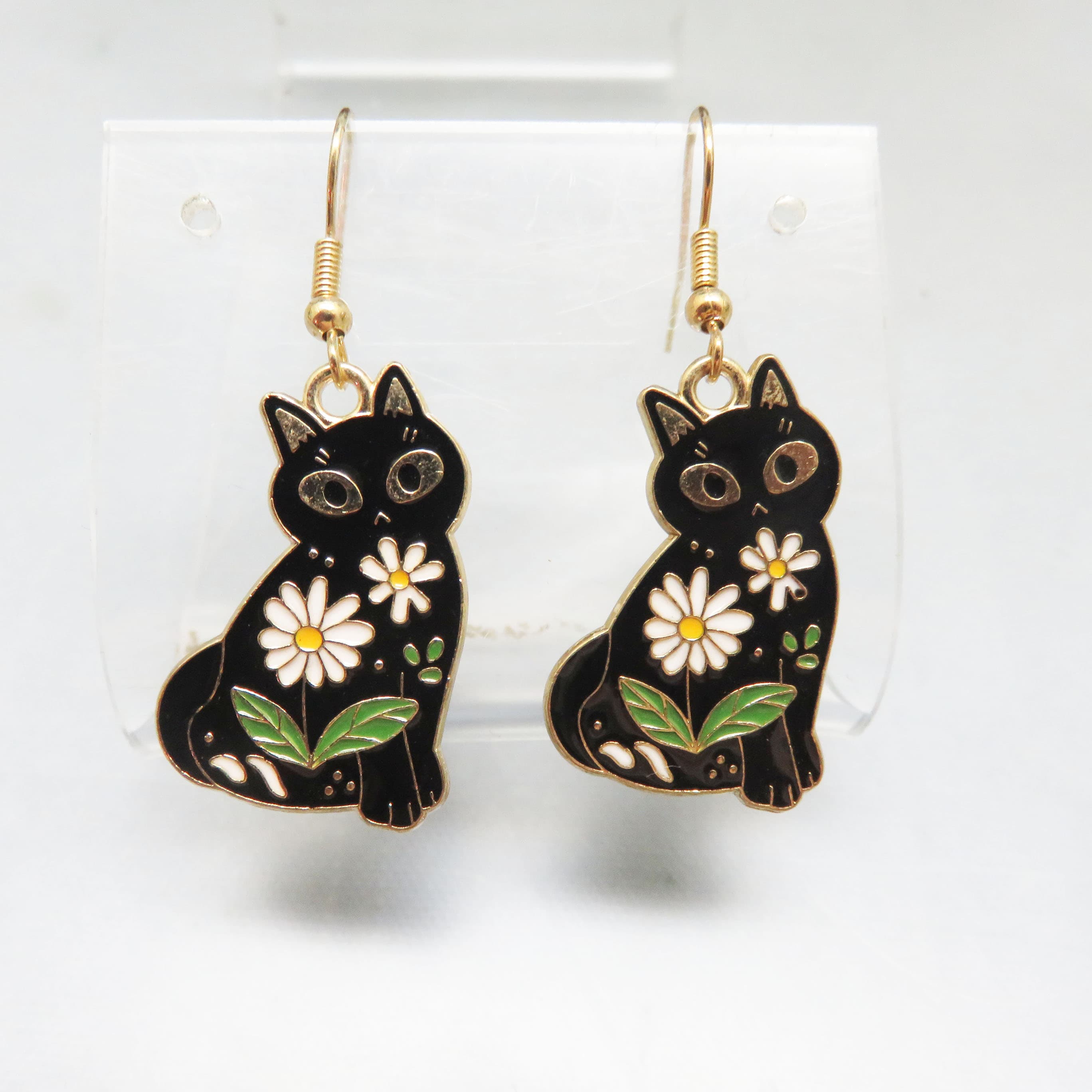 Vintage 1980s Cloisonné Enamel Black Cat Earrings, Floral Kitty Dangle Earrings, Whimsical Cat Lover Statement Jewelry