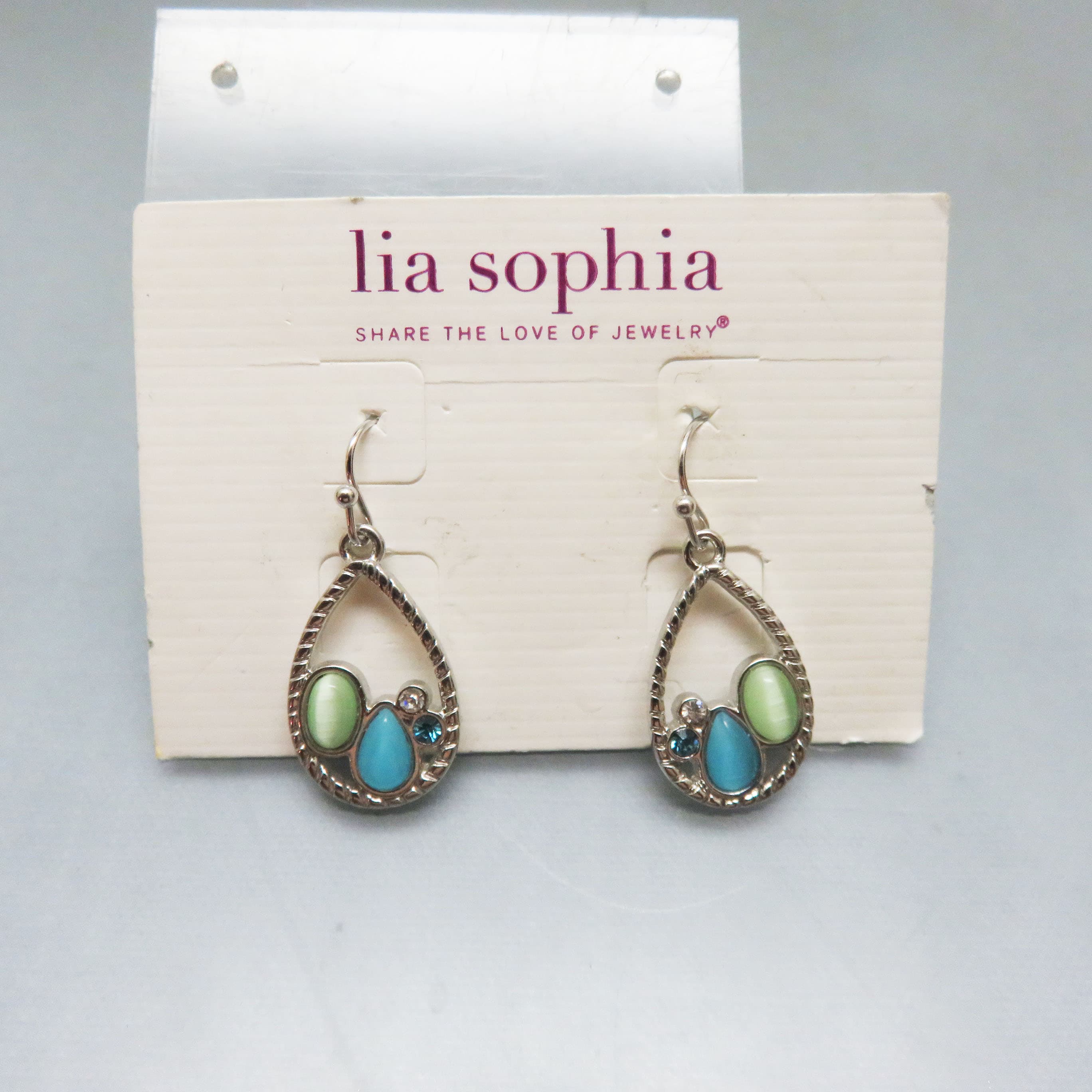 Lia Sophia Teardrop Earrings, Mint on Card, Blue & Green Rhinestone Dangle Earrings, Designer Fashion Jewelry