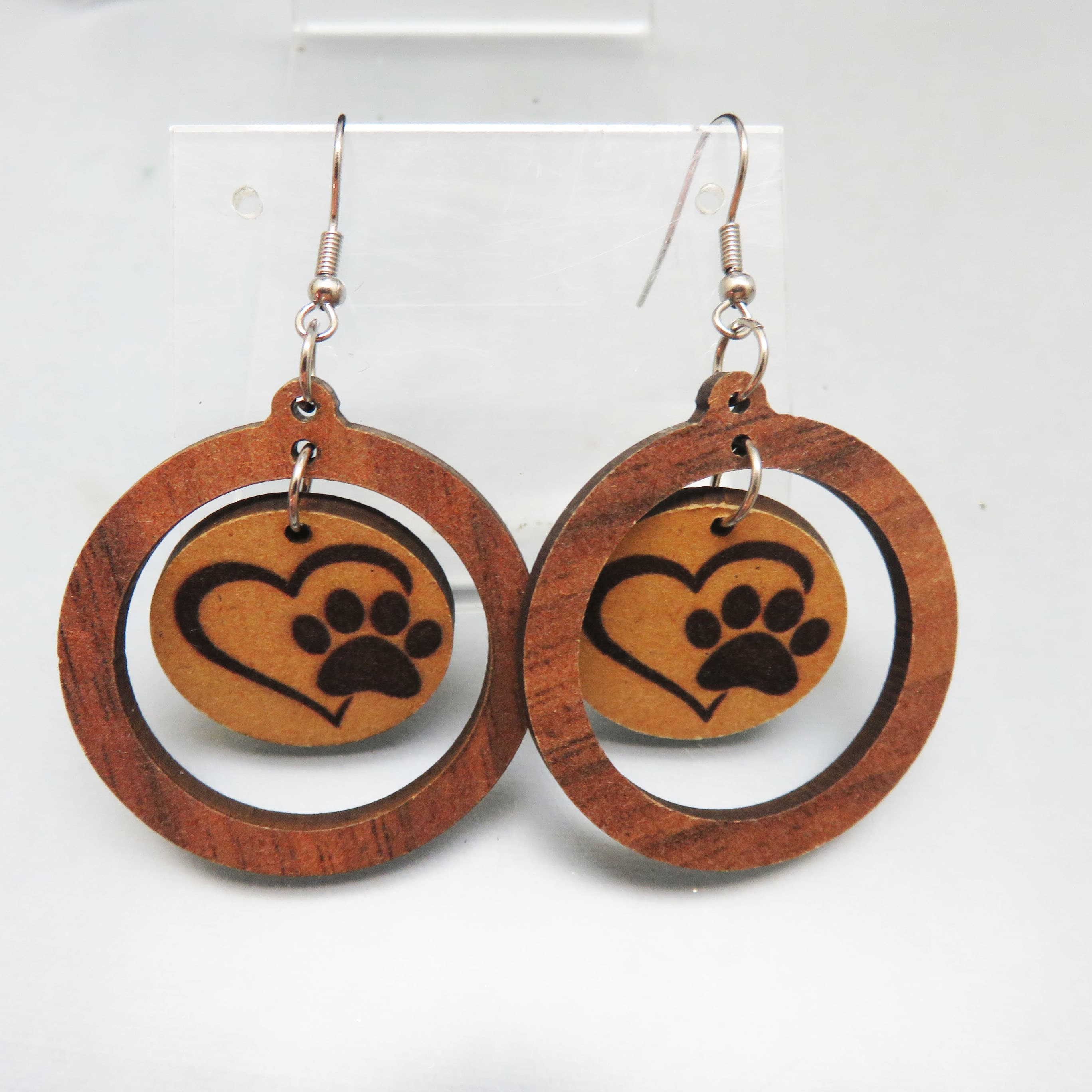 Handcrafted Wood Burned Paw Print Earrings, Wooden Hoop Dangle Earrings, Dog Lover Jewelry, Pet Memorial Gift
