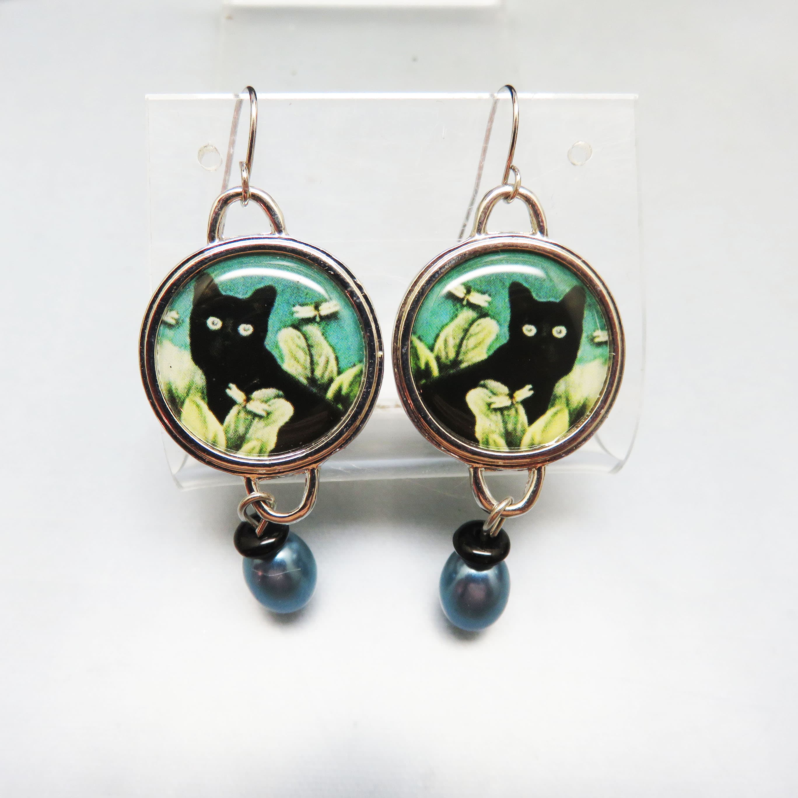 Artisan Black Cat Resin Cabochon Earrings with Blue Faux Pearl Drops, Silvertone Dangle Earrings, Whimsical Cat Lover Jewelry