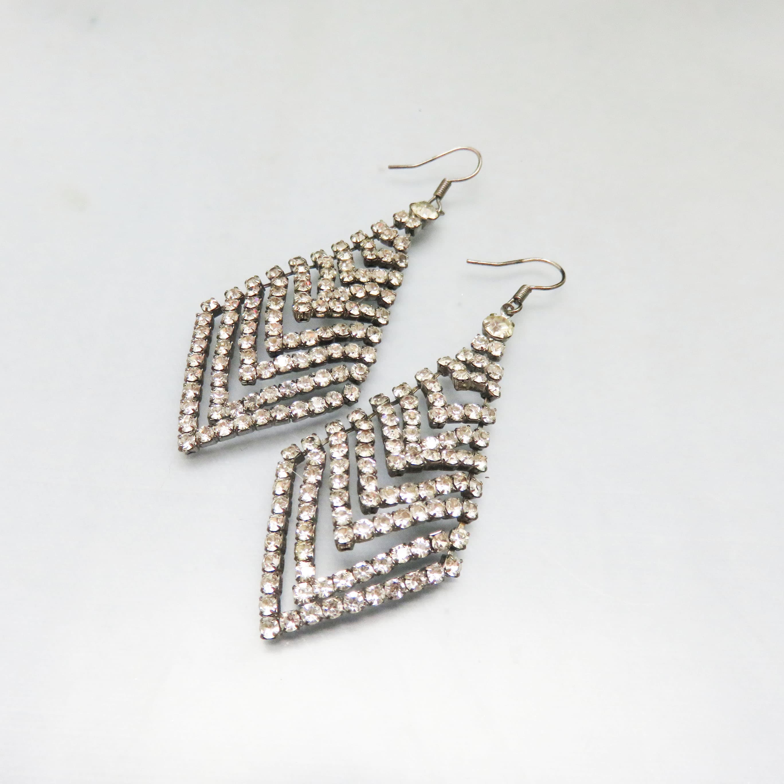 Vintage 1980s Cascading Rhinestone Statement Earrings, Geometric Art Deco Dangle Earrings, Silver Tone Evening Jewelry