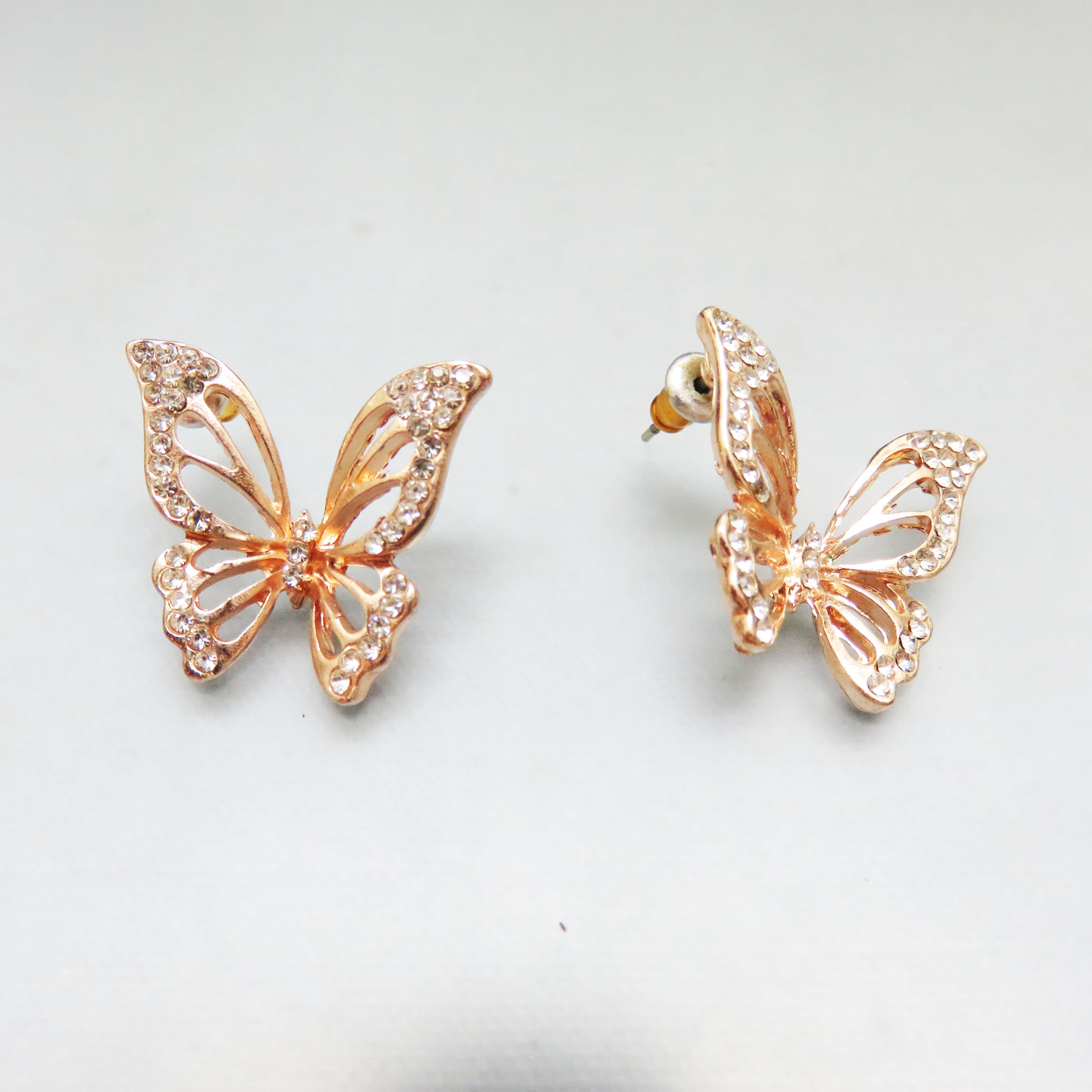 Vintage Rose Gold Plated Metal Butterfly Rhinestone Stud Earrings, Openwork Crystal Butterfly Earrings, Romantic Cottagecore Jewelry
