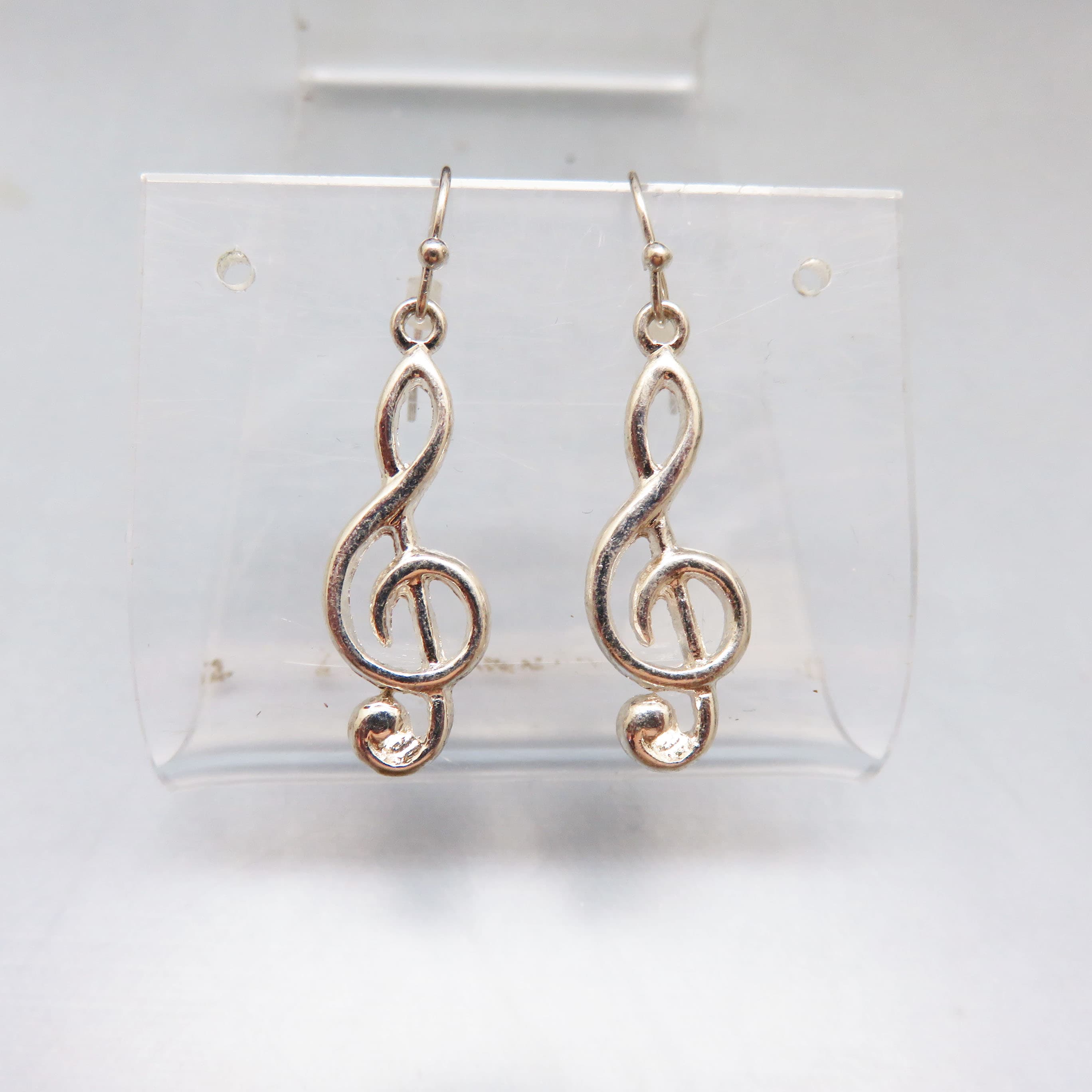 Vintage Silver Treble Clef Dangle Earrings, Music Note French Hook Earrings, Music Lover Gift, Silver Tone Jewelry