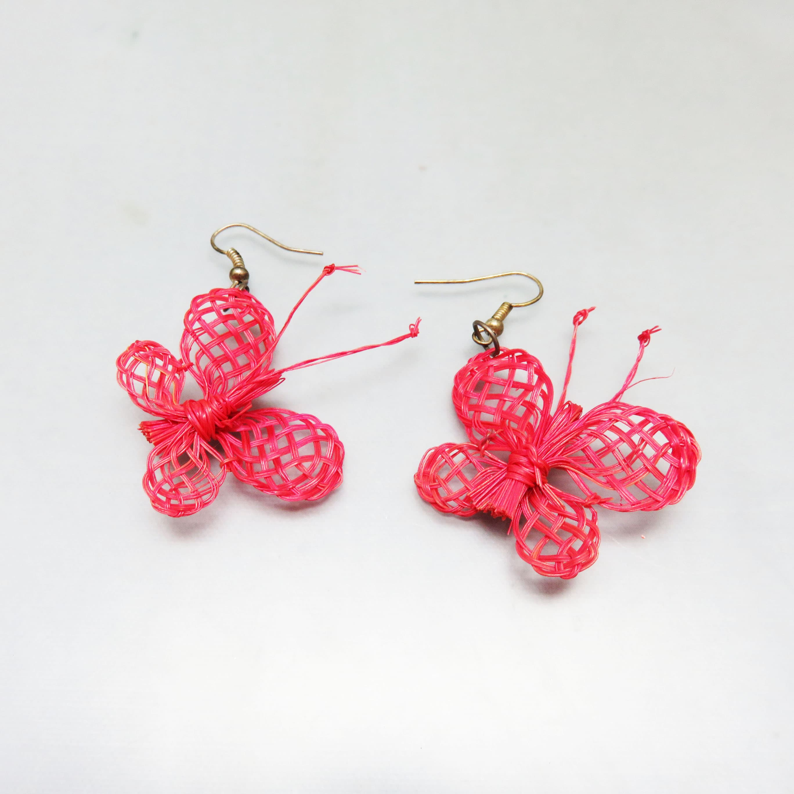 Neon Pink Woven Butterfly Earrings, Handmade Butterfly Dangle Earrings, Lightweight Statement Earrings, Boho Festival Jewelry